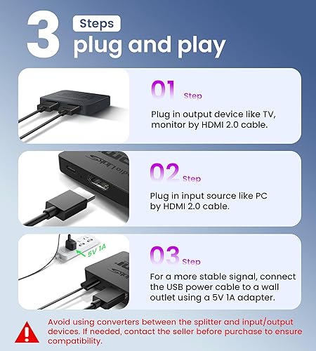 Miniatura 7 de avedio links Divisor HDMI 4K60Hz, Divisor HDMI 1 entrada y 2 salidas - No extiende la pantalla (Solo duplica las pantallas), Soporta 3D Dol-by
