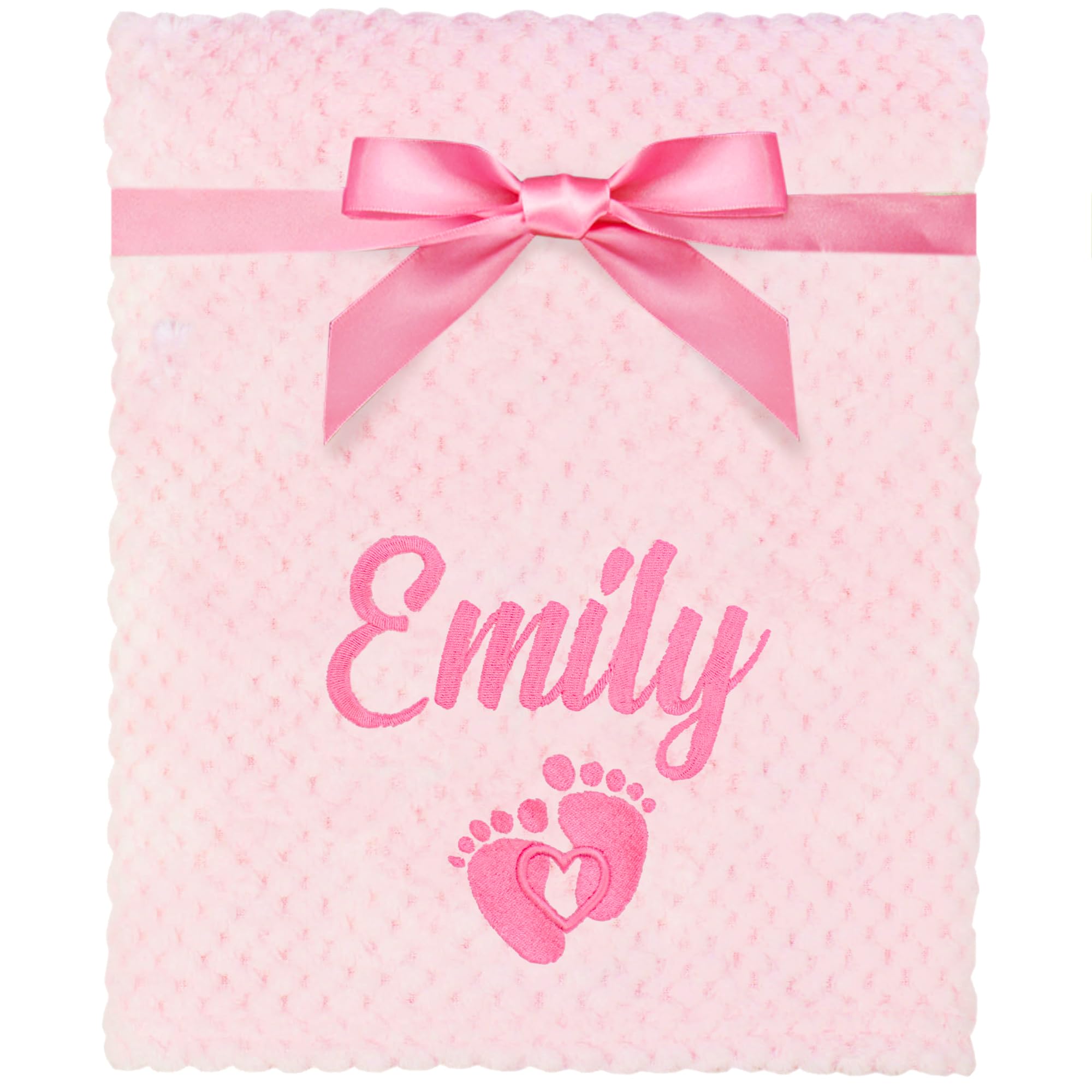 Teddyt's Women's Pink Personalised Embroidered Baby Girl's Footprint Fluffy Waffle Blanket