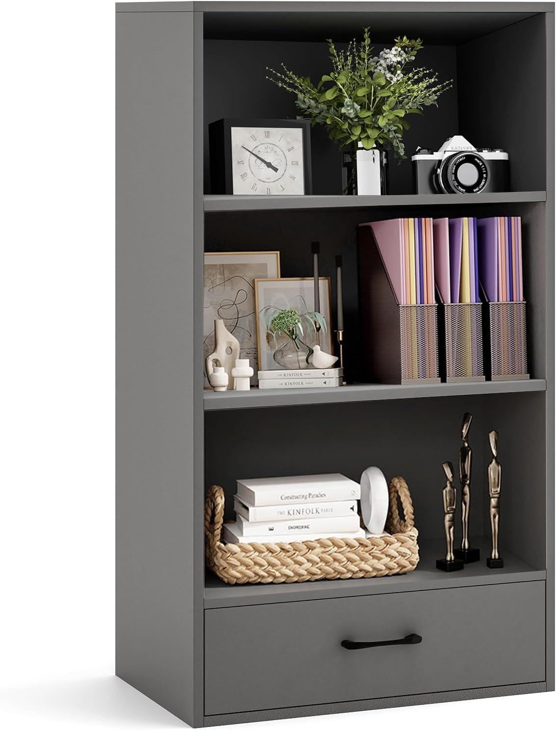 4-Tier Bookcase with Drawer, Wooden Cube Storage Organizer, Modern Display Shelf, Small Bookshelf for Small Spaces, 42.5" Tall Book Shelf for Classroom, Kid's Room, Bedroom (Grey)