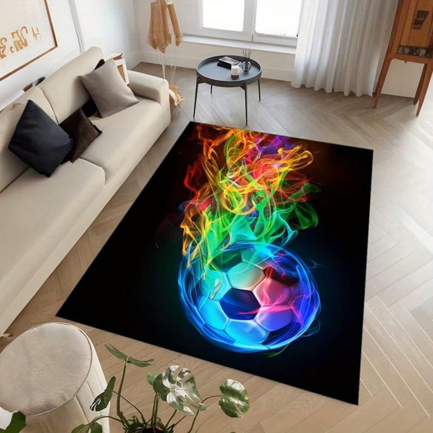 Cooler Fußball Teppich 140x200cm mit Buntem Flammen Motiv - Rutschfester Wohnzimmerteppich für Kinderzimmer Spielzimmer Jugendzimmer, Waschbar & Weich