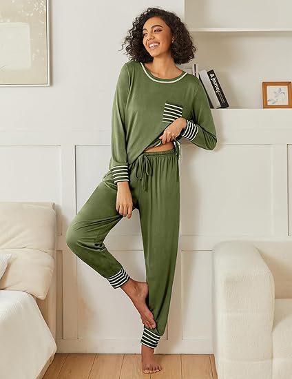 Ekouaer Pyjama voor dames, lange pyjamaset, ronde hals, tweedelige nachtkleding, zacht, huispak, loungewear met zakken, S-XXL, batik-pat2, S