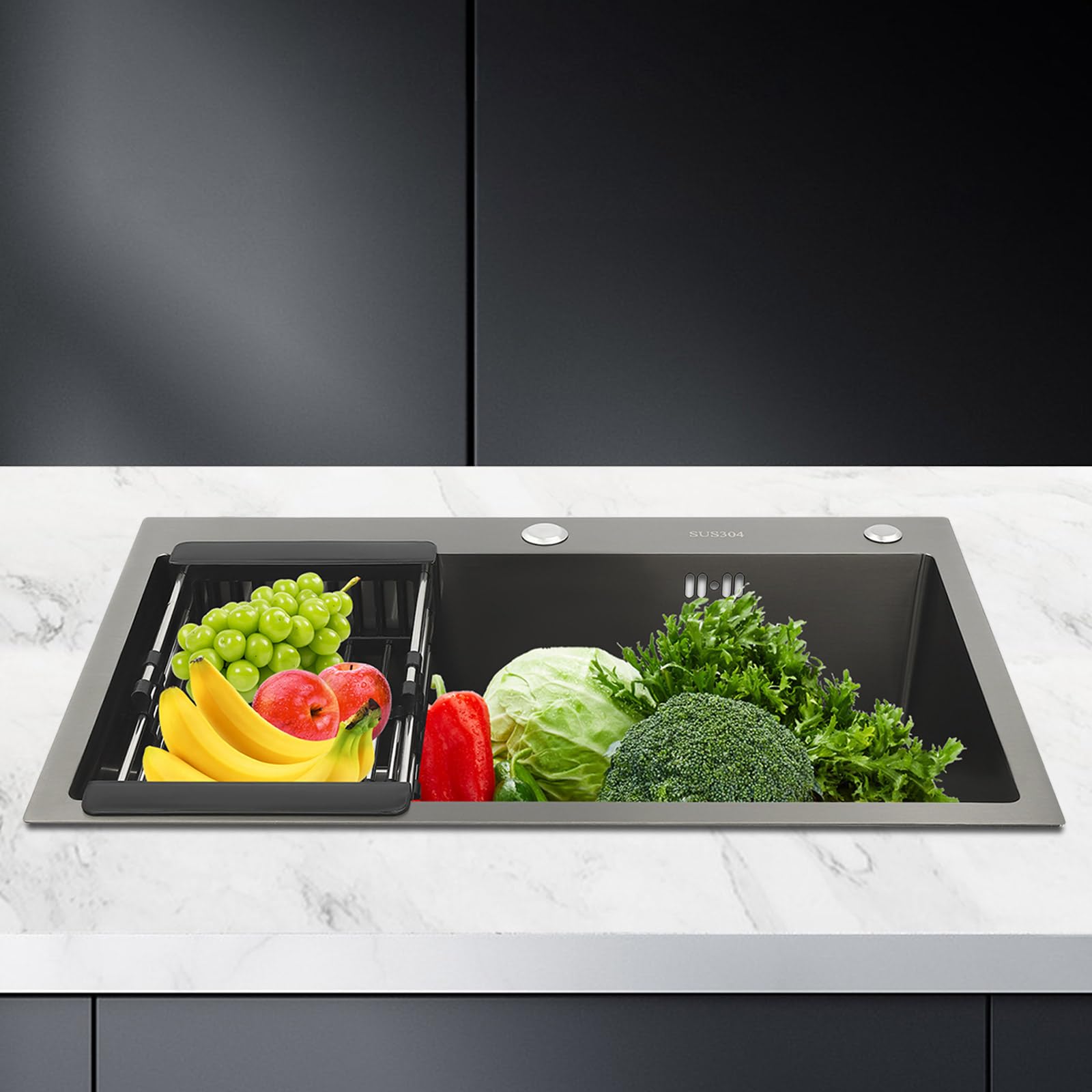 Fregadero de cocina, juego de fregadero de acero inoxidable, fregadero cascada con grifo retráctil, 1 lavabo empotrado, para cocinas, lavaderos, laboratorios, cafeterías, 68 x 45 x 20 cm