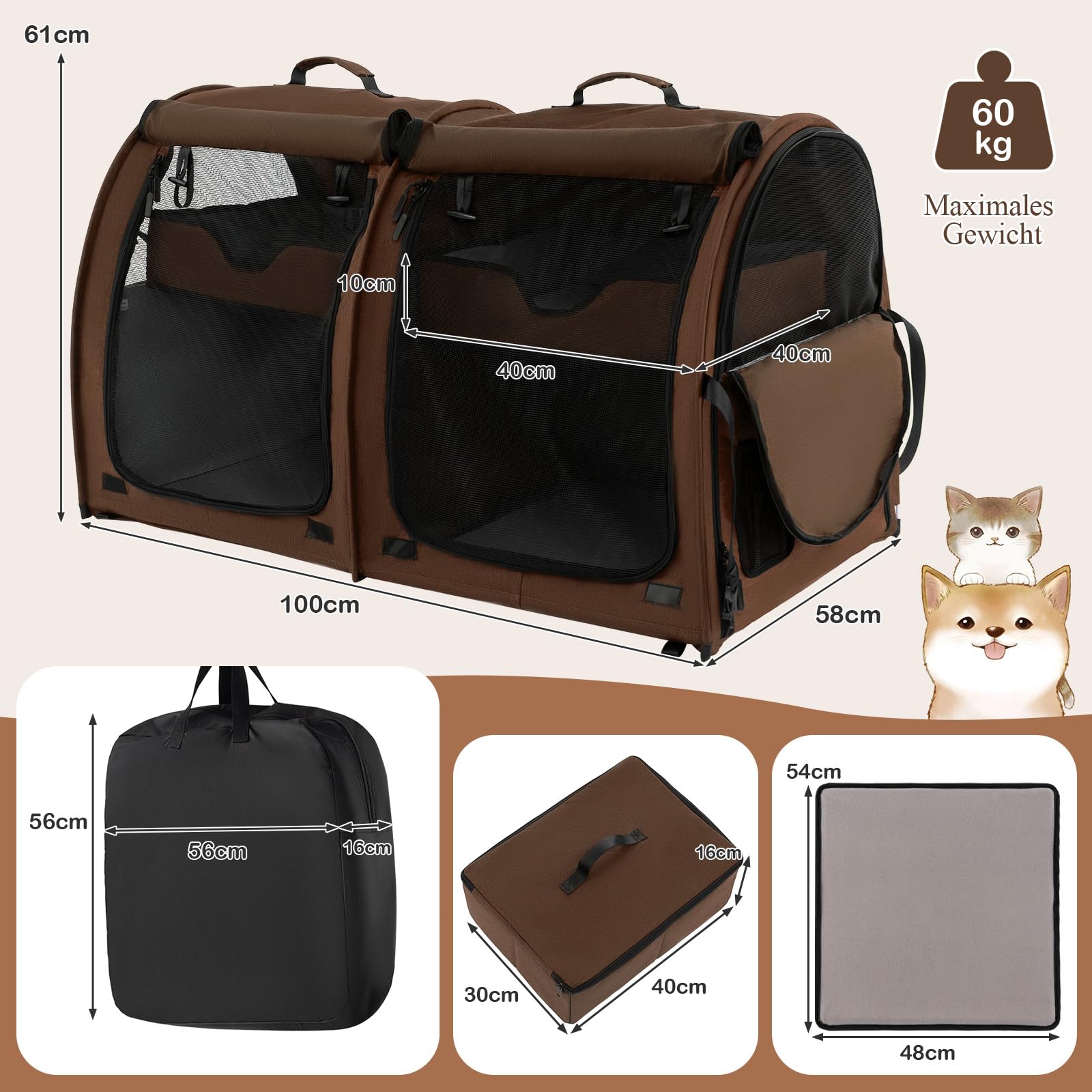 GOPLUS Transportbox mit Zwei Fächern für Katzen, 2 in 1 Haustierhütte mit abnehmbaren Hängematten & Katzentoilette, Tragbare Reisebox für Katzen & Hunde mit Tragetasche (Braun)