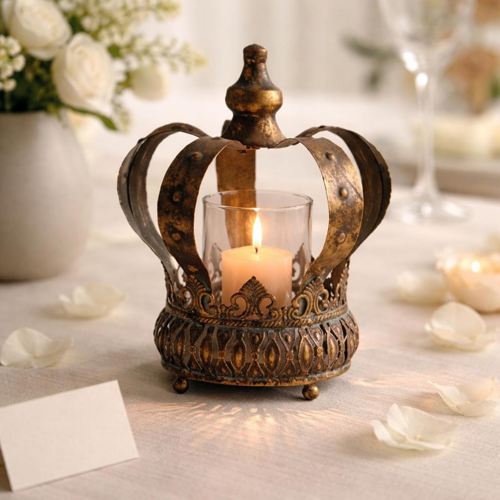 Crown Kerzenhalter Kronenleuchter Teelichthalter Tischleuchter Eisen Glas Einsatz Retro Charakter Antik Bronze mit Offenen Verzierungen Und en Füßen, Groß