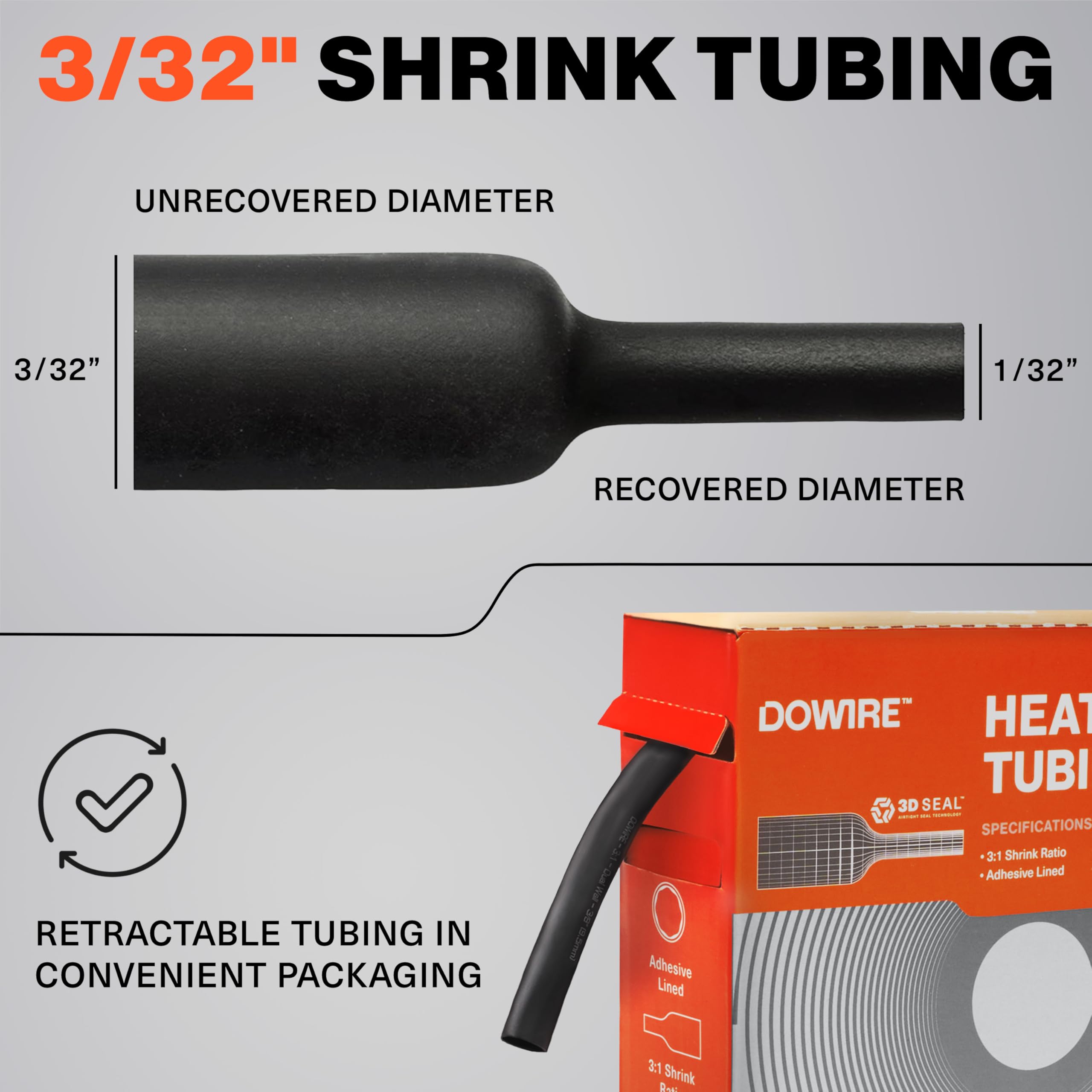 Dowire Guaina termorestringente 3/32", con rivestimento adesivo, rapporto 3:1, tubo termoretraibile impermeabile di grado marino, tubo termoretraibile, nero, 15,2 m