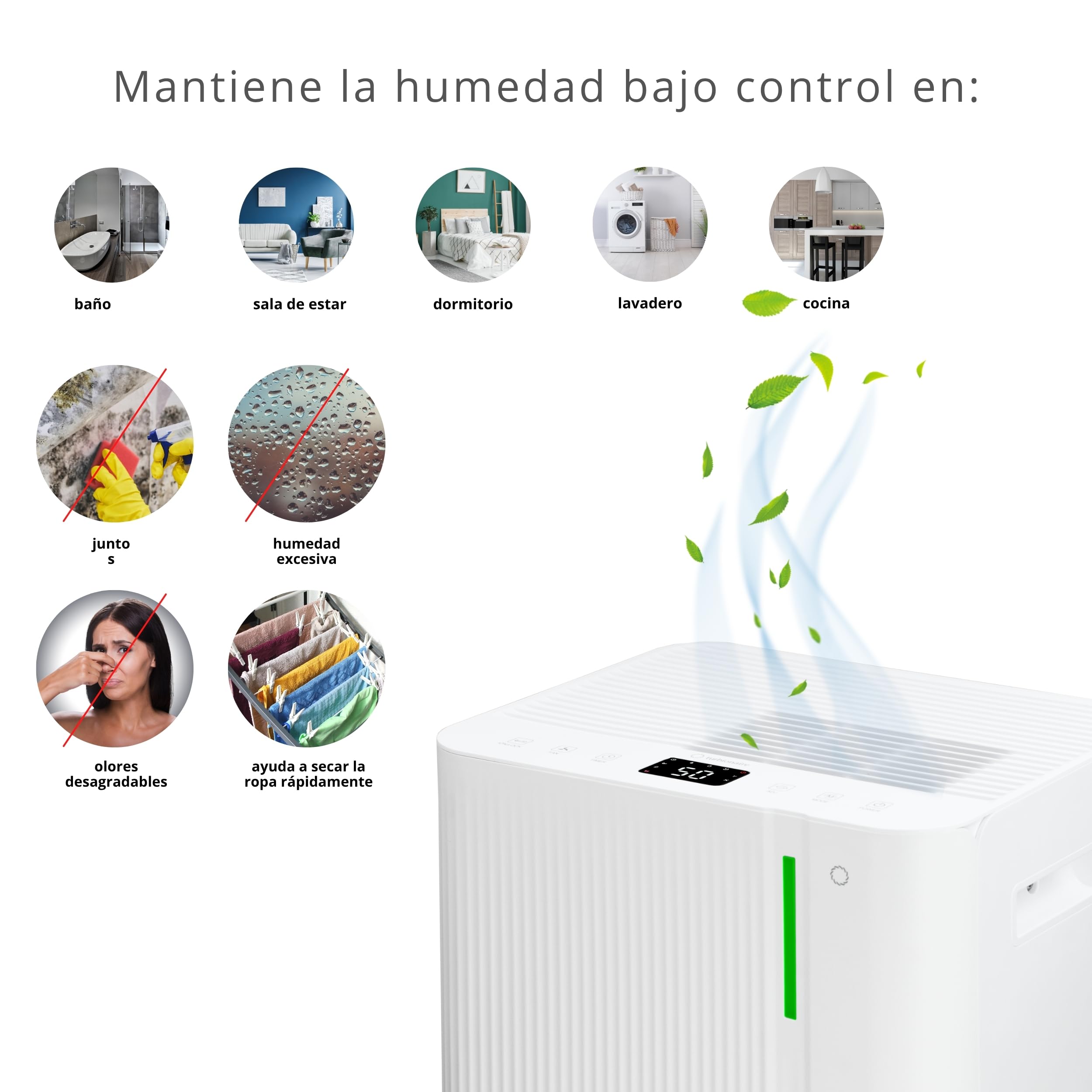 Deshumidificador y Purificador Turbionaire LEVI 20 ION Clean, 20 l/24h, Ionización, Filtro HEPA, Secado de Ropa, Silencioso 41 dB, Depósito 4.5L, Bajo Consumo, Timer, Auto-Restart