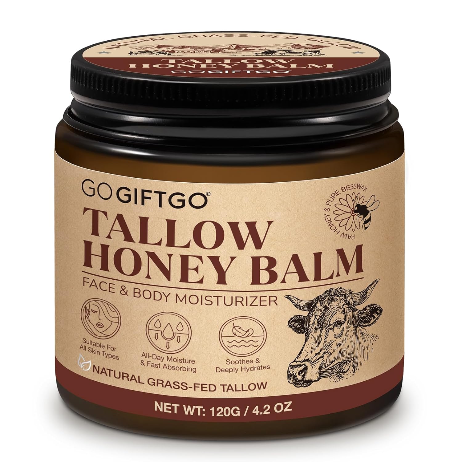Beef Tallow for Skin,Beef Tallow for Face,Beef Tallow and Honey Balm,Grass Fed Whipped Tallow Honey Balm,Natural Moisturizer Hydrates,Deeply Nourishes the Skin, Enhances Natural Radiance