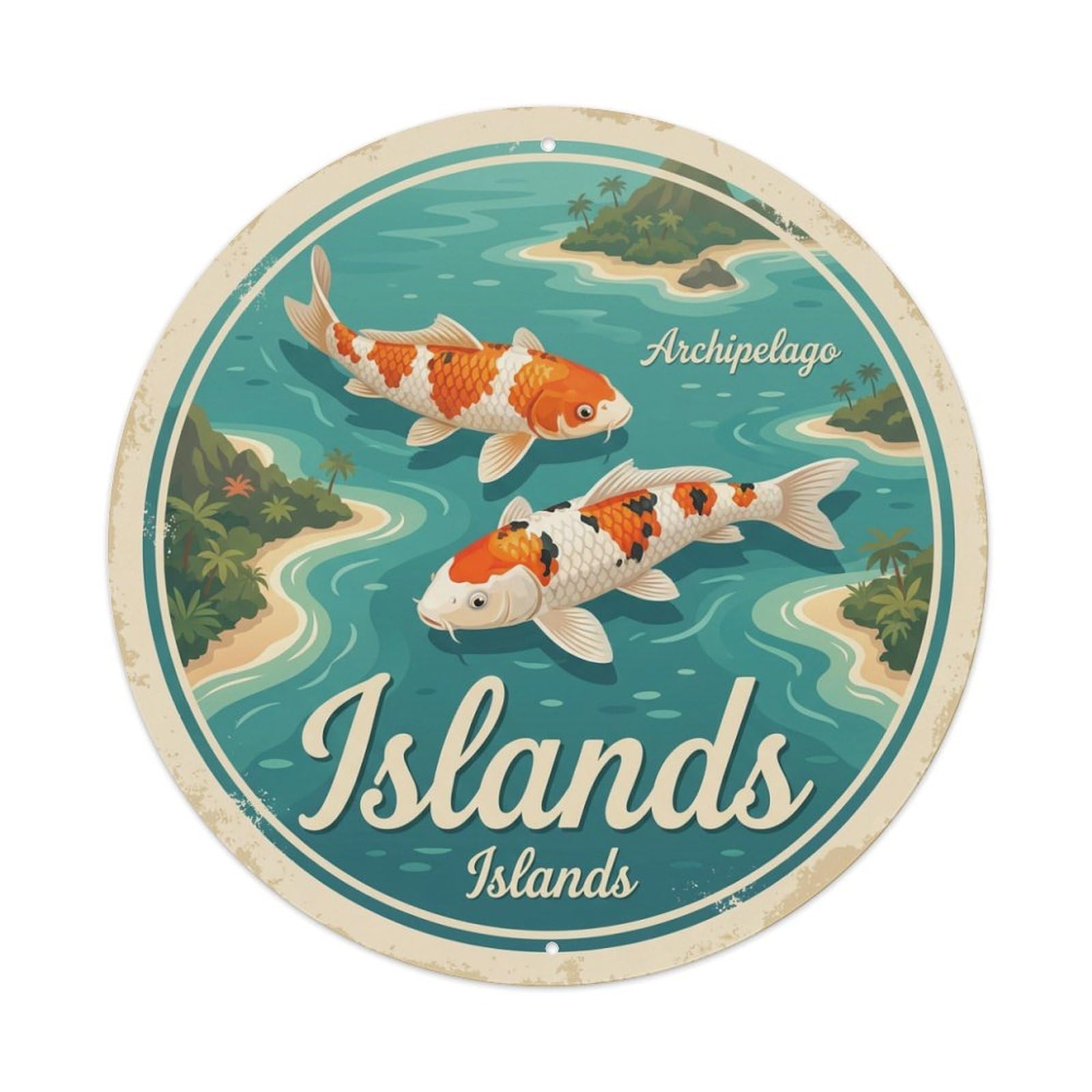 Koi Fish Archipelago Islands Waters Scattered Tropical Paradise Exotic Metal Tin Sign