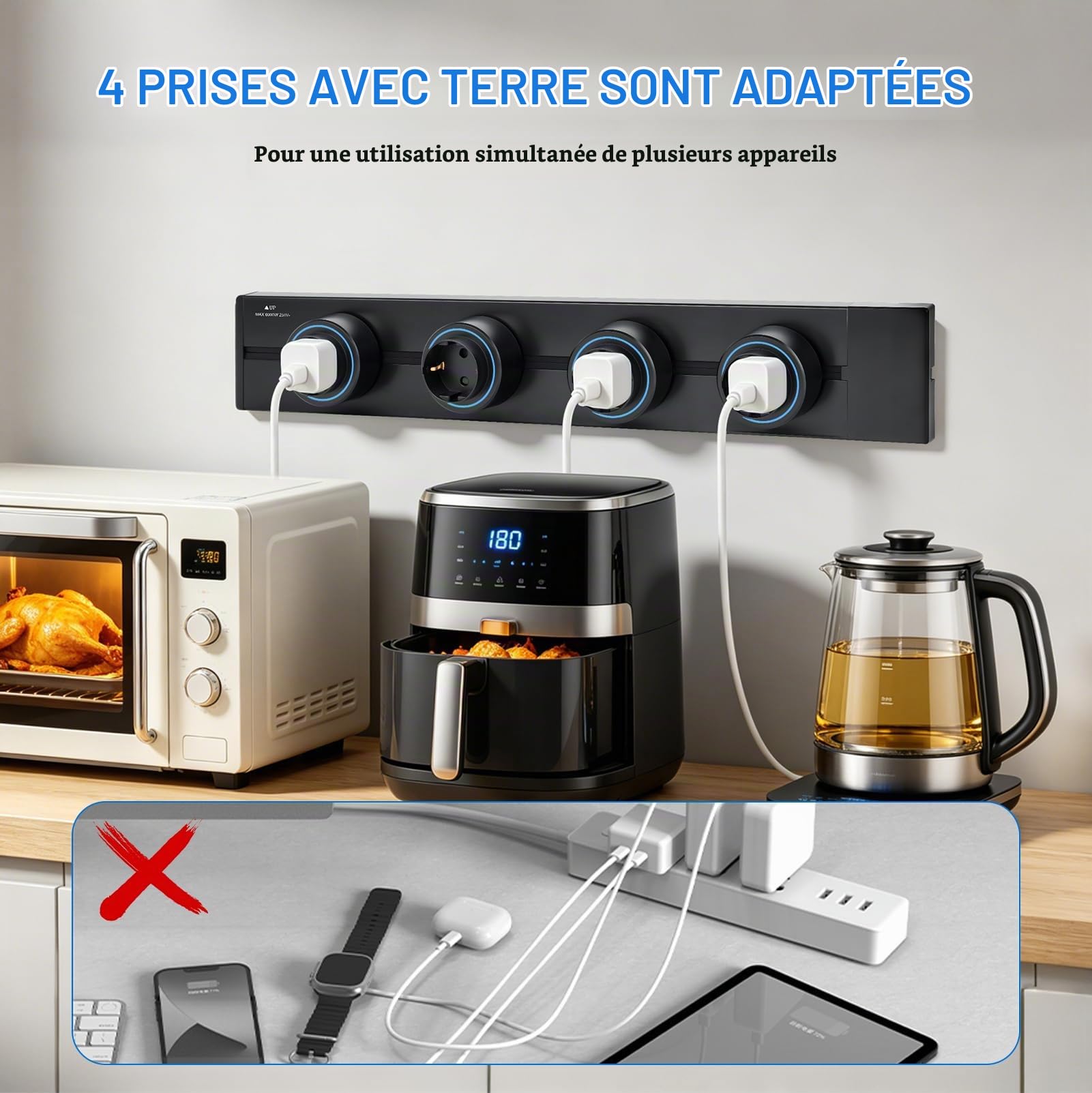 Rail de Prises Modulable Mural, Multiprise Électrique avec 4 Prises Schuko