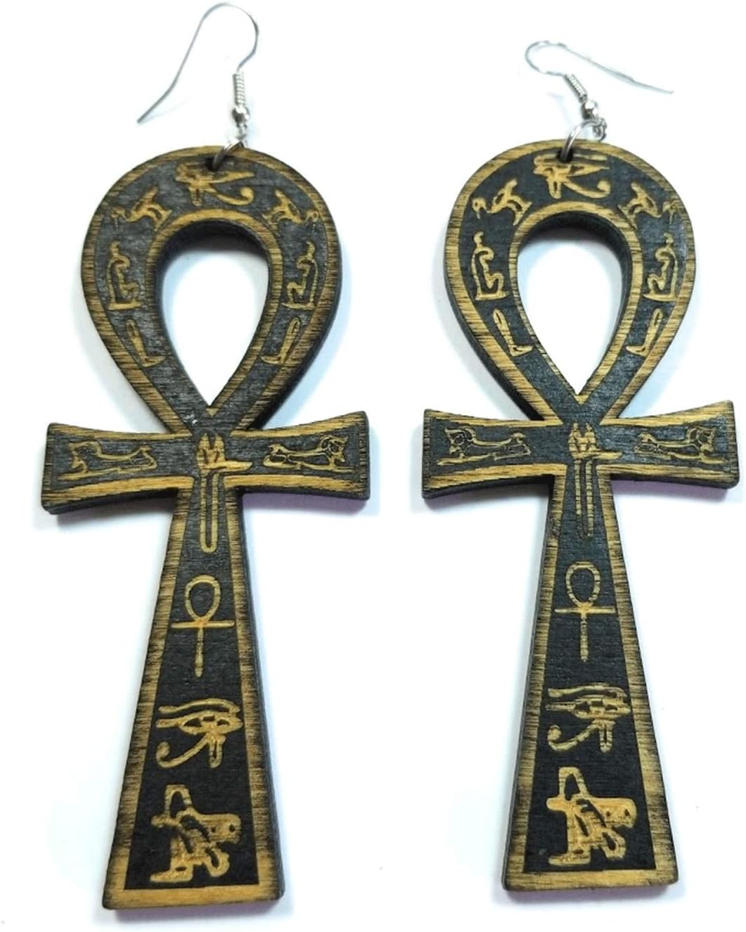 Teri's Boutique Egyptian Ankh Cross Wood Engraved Ancient Symbol of Life Fashion Jewelry Dangle Earrings