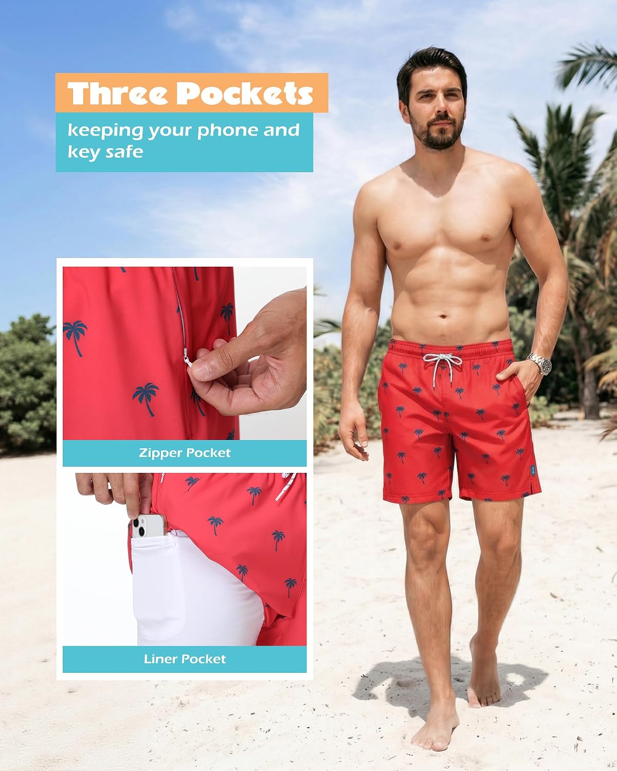 Sixfish Mens Swim Trunks with Compression Liner – 7 Inch 2 in 1 Quick Dry Soft Board Shorts with Zipper Pockets for Beach thumbnail