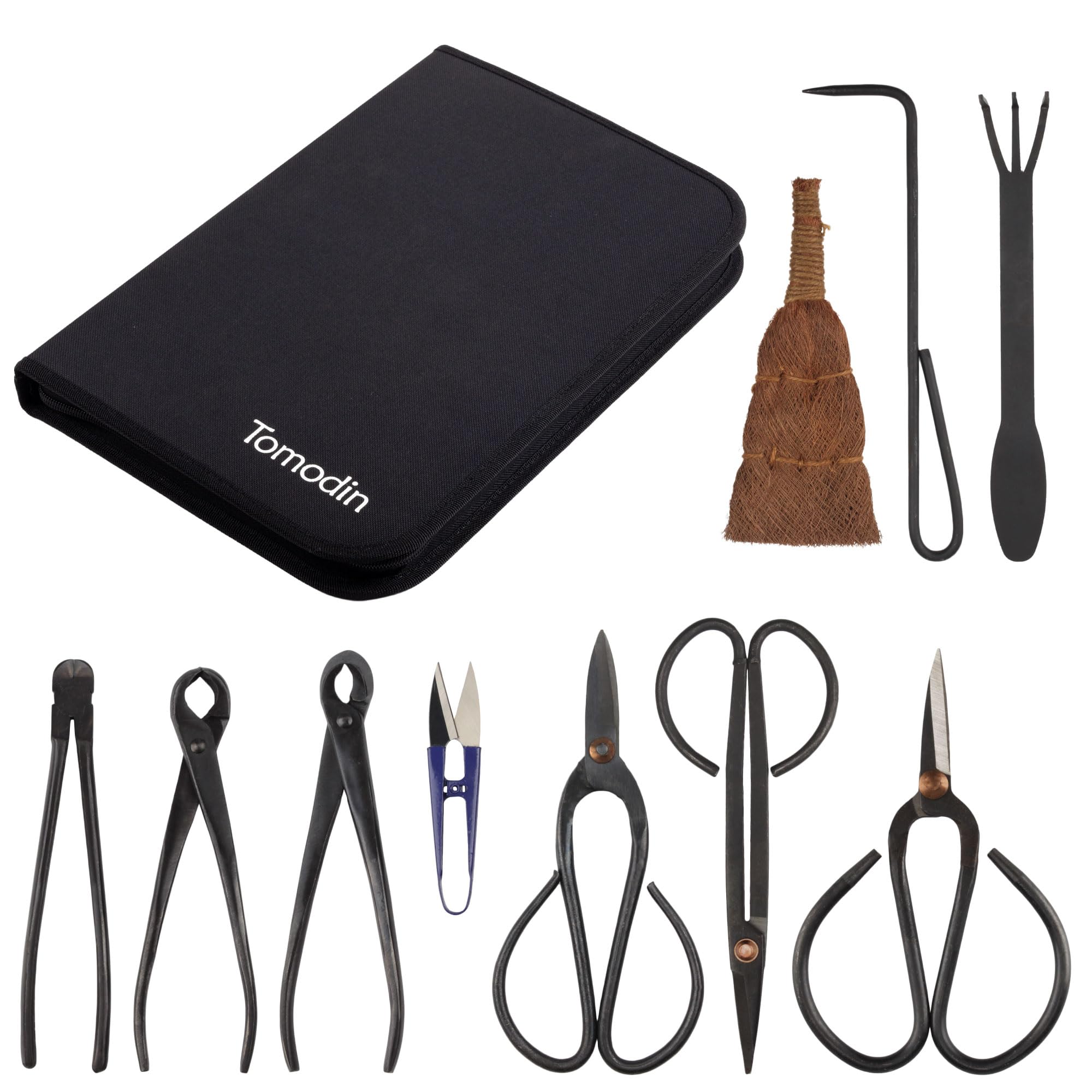 BambooMN Bonsai 10pc Advanced Care Set, Black Carbon Steel Tools, Shears, Concave & Knob Cutter, Wire Cutter, Trimming Scissor, Beginner Friendly