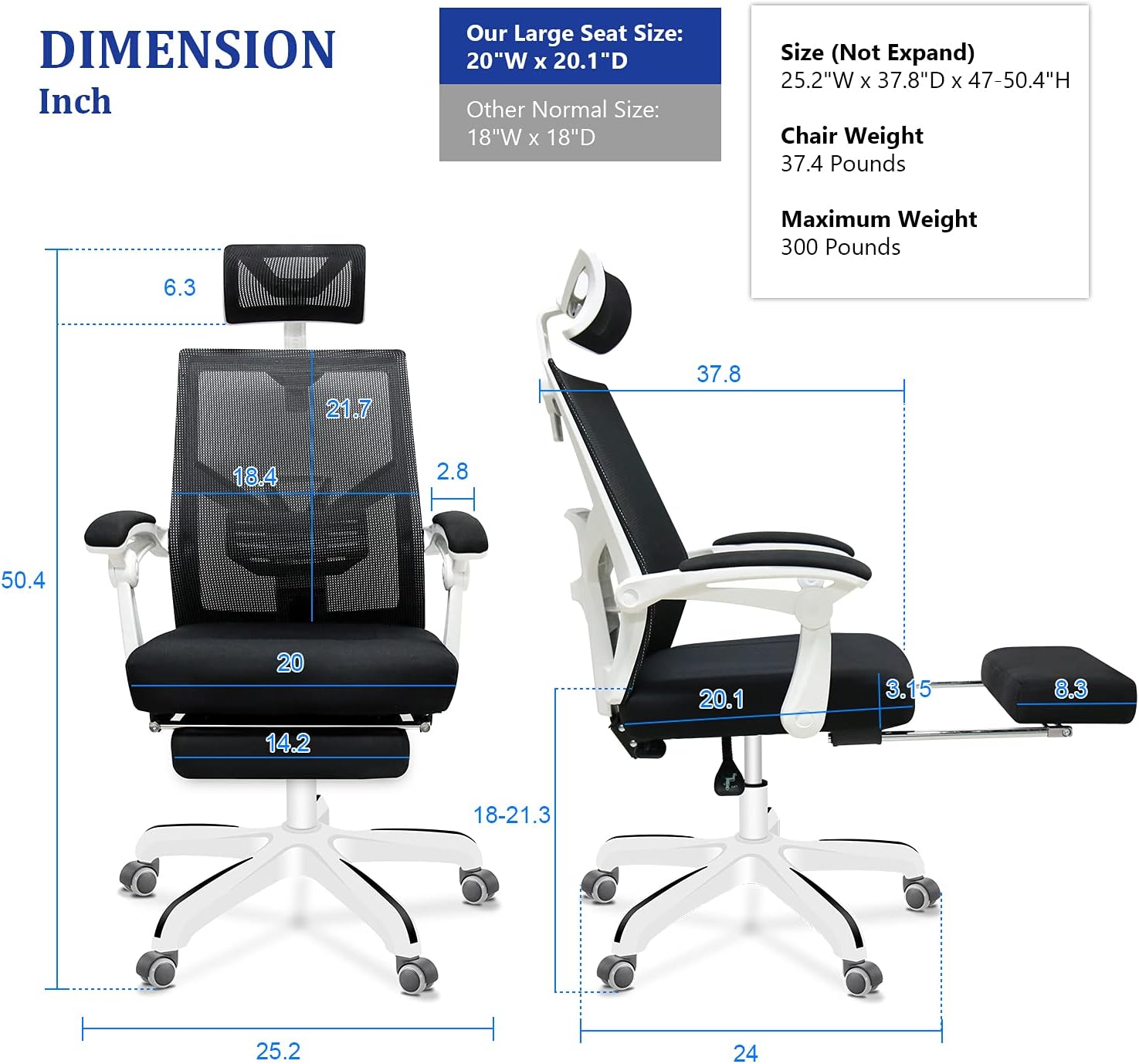 Ergonomic Office Chair, Reclining Chair with Foot Rest, Adjustable High Back Mesh Office Desk Chair, Large Seat & Breathable Mesh, White : Office Products