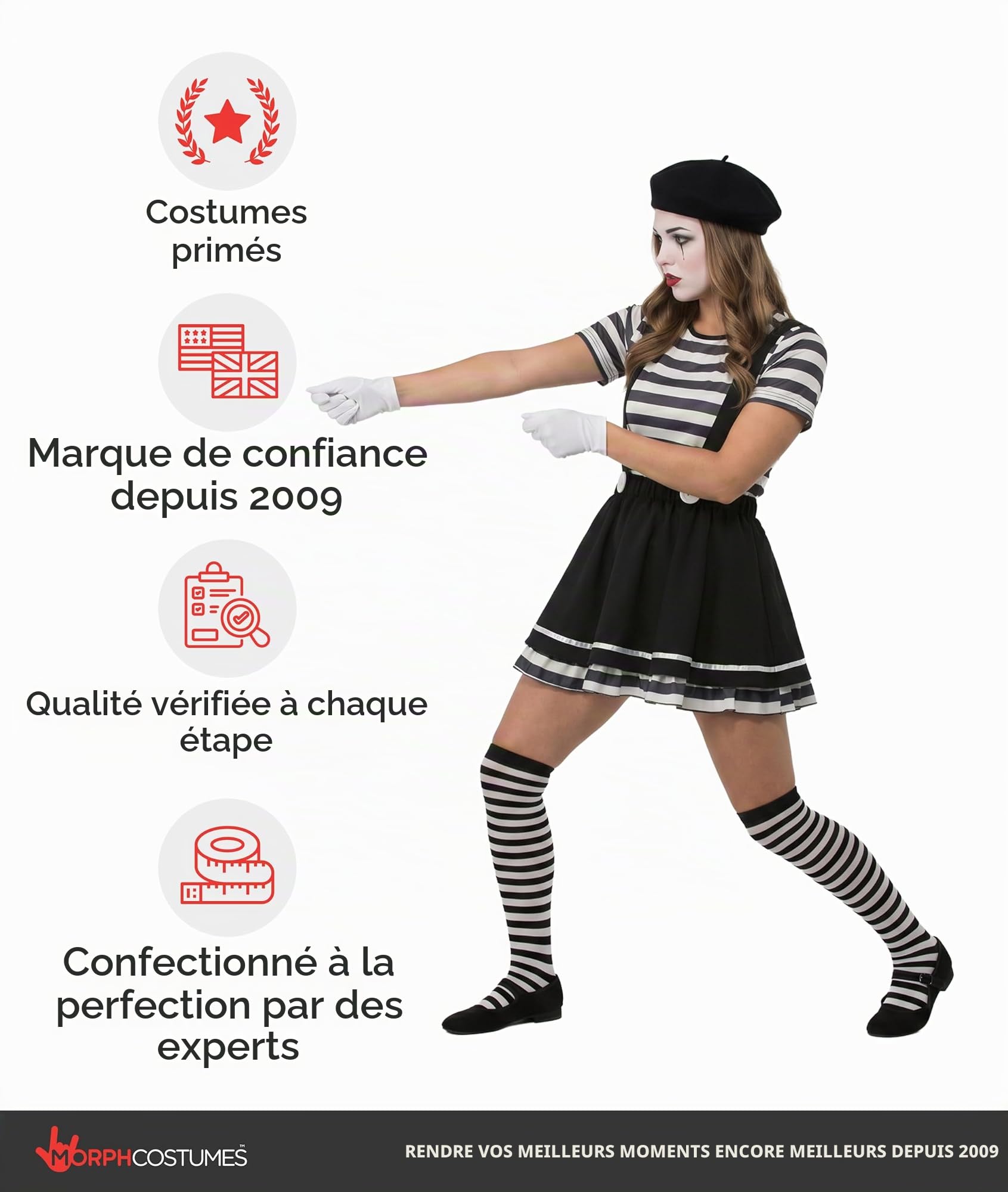 Fun Shack Deguisement Mime Femme, Costume Mime Halloween Femme, M | T-Shirt, Jupe à Bretelles, Chaussettes, Chapeau & Gants, Style Mime Français, Parfait pour Halloween, Idéal pour se Déguiser