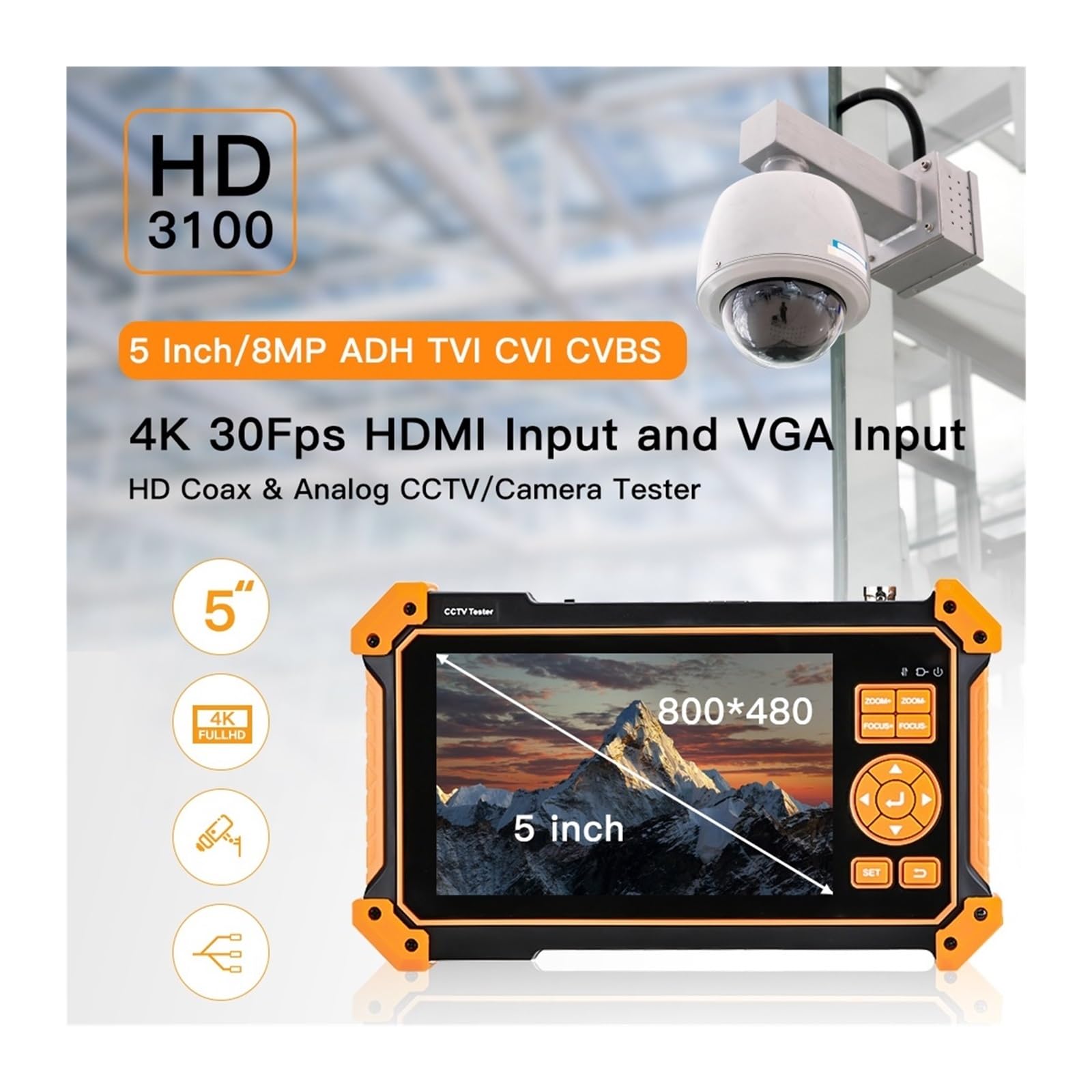 Tester CCTV 3200C Tester For Fotocamera HD Coassiale 4K 8MP ADH VGA SDI Con Tracciatore Di Cavi Monitor Schermo TFT-LCD Da 5 Pollici(IPC-5100Plus)
