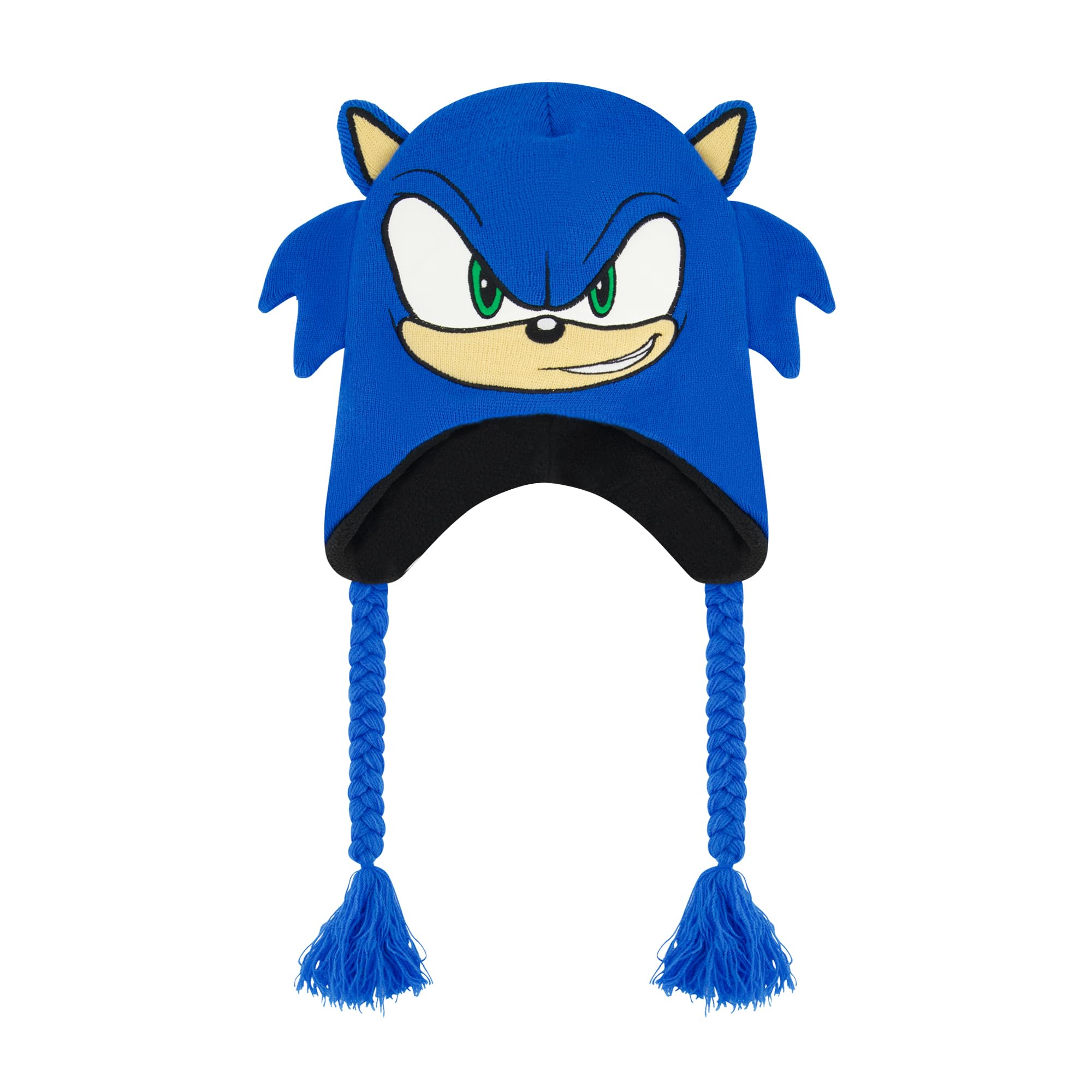 Sonic The Hedgehog Winter Peruvian Knit Beanie, Cuffed Winter Knit Cap, Large Sonic Face with 3D Ears, Blue, One Size