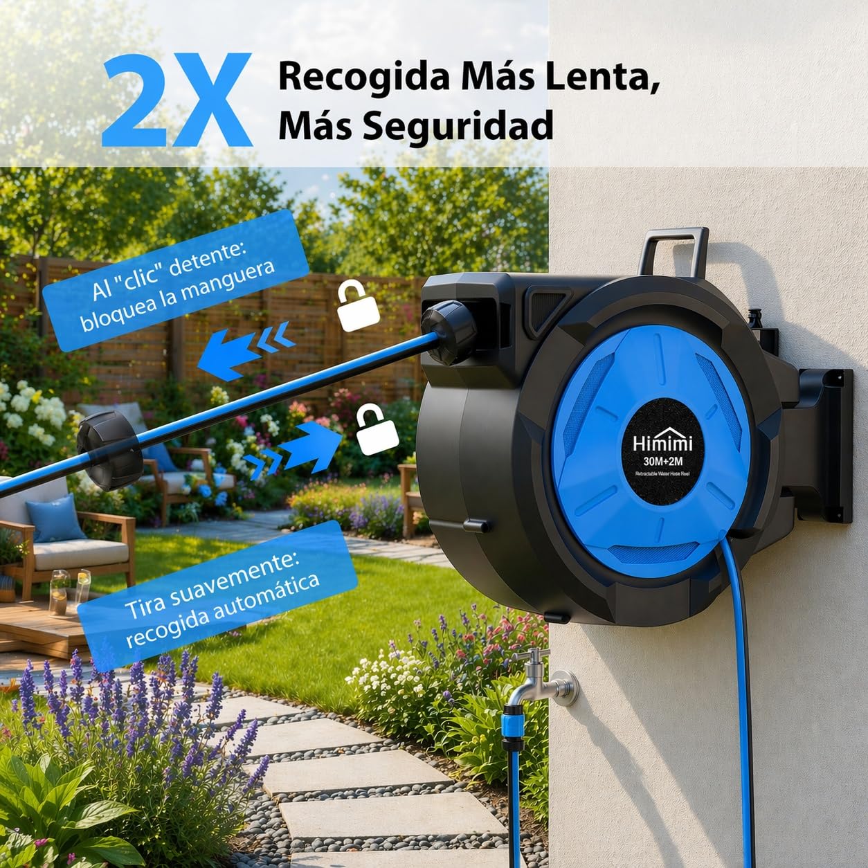 Himimi Enrollador de Manguera de Jardín Retráctil de Pared 30 m + 2 m, Carrete Automático 1/2", Rebobinado Lento, Bloqueo a Cualquier Longitud, Soporte Giratorio 180°, Resistente a UV y Heladas