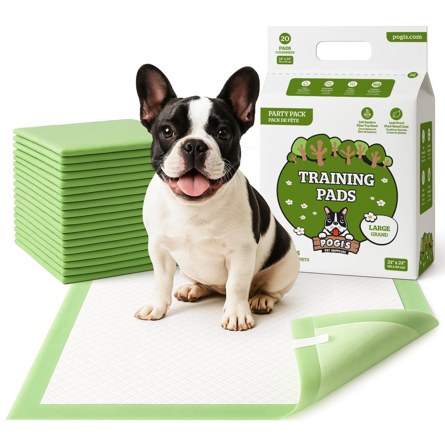 Pogi's Dog Training Pads with Sticky Tabs – Eco-Friendly, Odour Blocking & Super Absorbent – 20-Pack (60 × 60 cm)