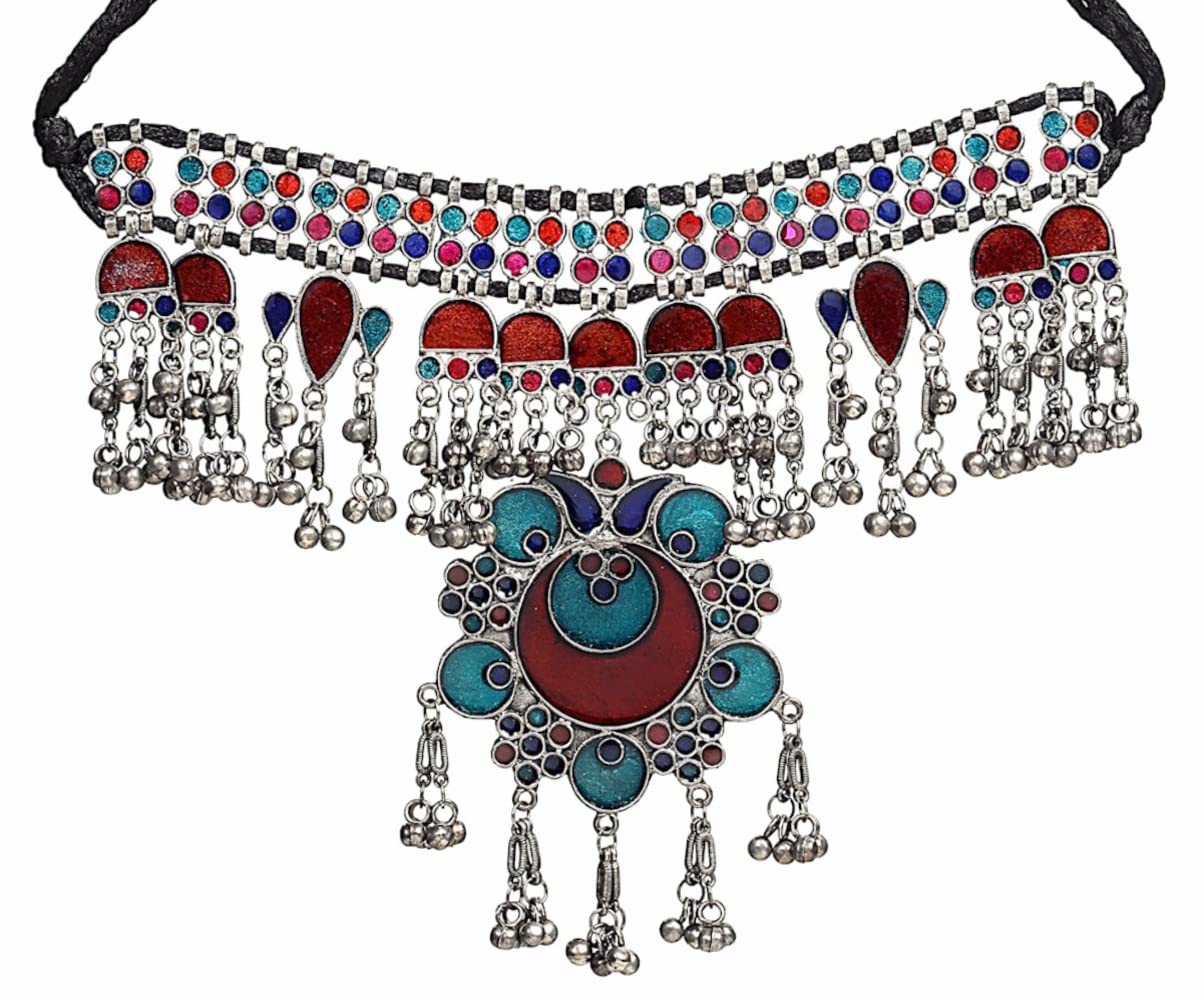 Siddhatva Statement Ethnic Traditional Meanakari Afghani Black Polish Ghungroo Fashion SIlver Oxiidzed Choker Necklce Earrings Jewellery Set (PINK BLUE) (B0CSFRGB4C) Amazon Price History, Amazon Price Tracker