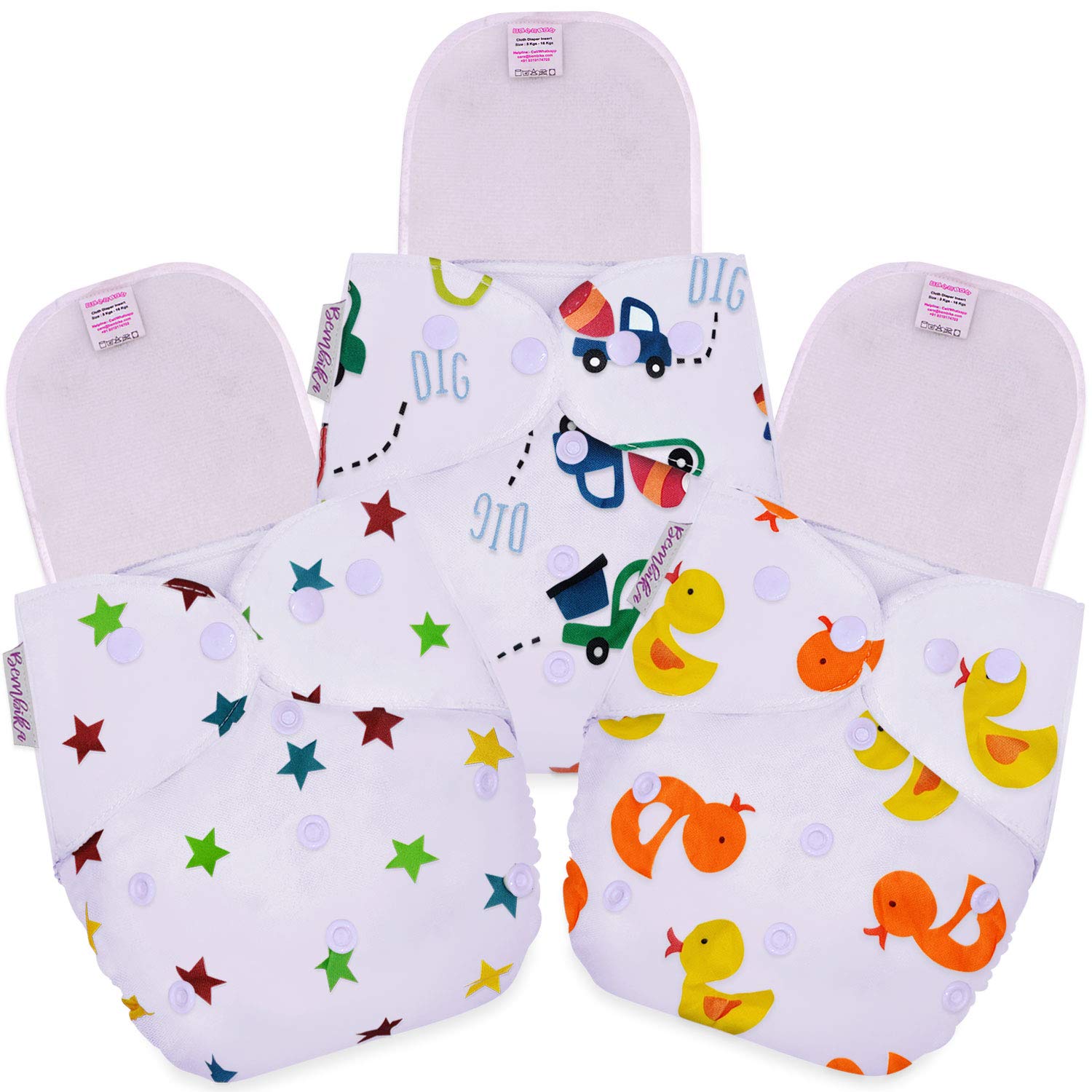 Bembika B Plus Printed Cloth Diapers for Babies, Washable Reusable, Adjustable Sizes (3 Combo) (3 Microfiber Inserts Included) 3CM