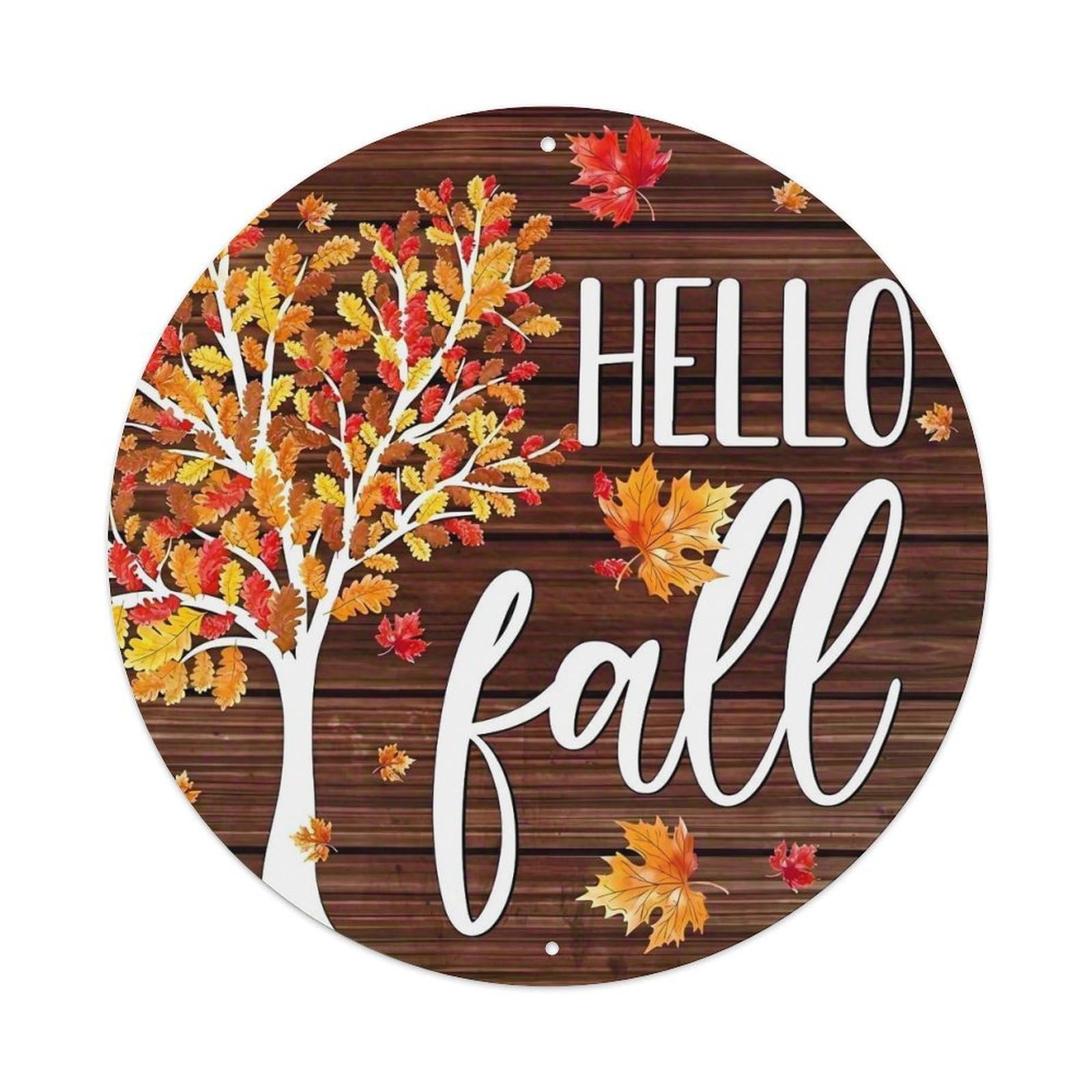 Hello Fall Tree Leaves Wood Round Tin Sign Vintage Metal Sign Home Bar Garden Indoor & Outdoor Wall Decor Retro Metal Poster 8x8 Inch