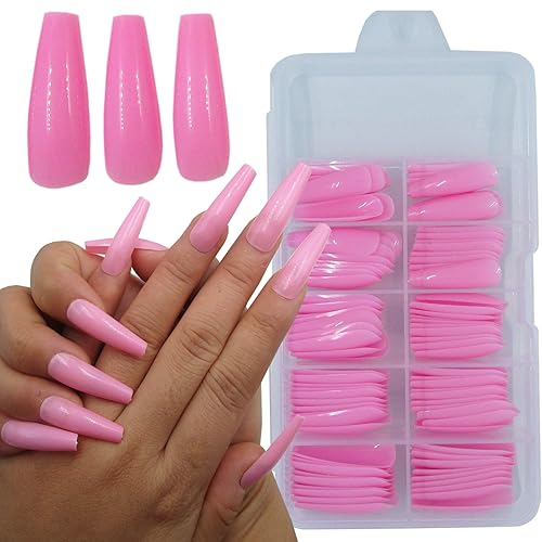 100pc Extra Long Pink Colored Coffin Press on Nails Ballerina