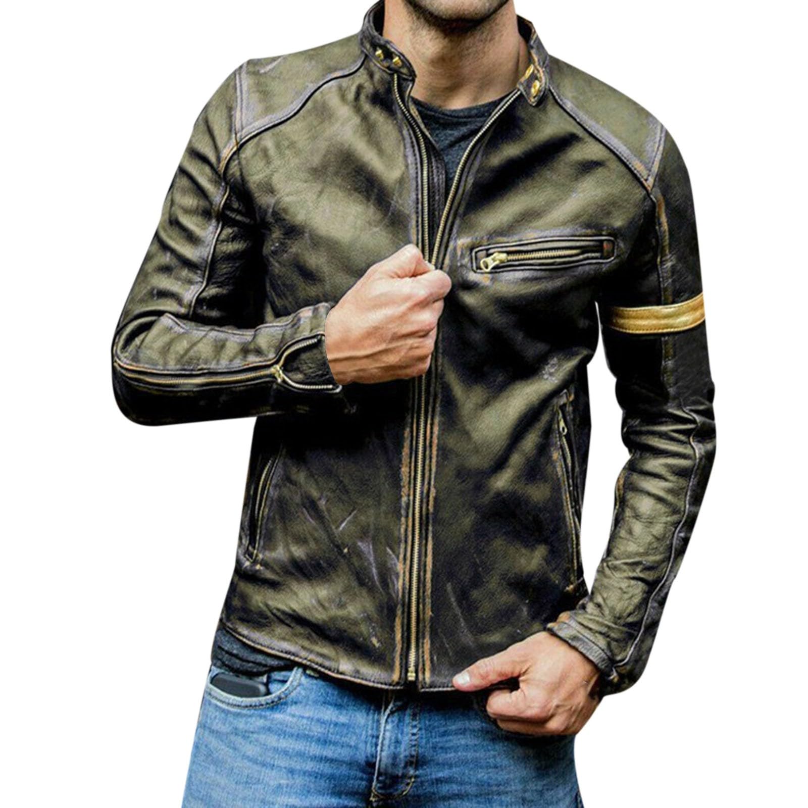 Veste en cuir pour homme - Vintage - Veste de moto surdimensionnée confortable - En cuir synthétique - Veste d'aviateur avec de nombreuses fermetures éclair et col montant - Style punk tendance