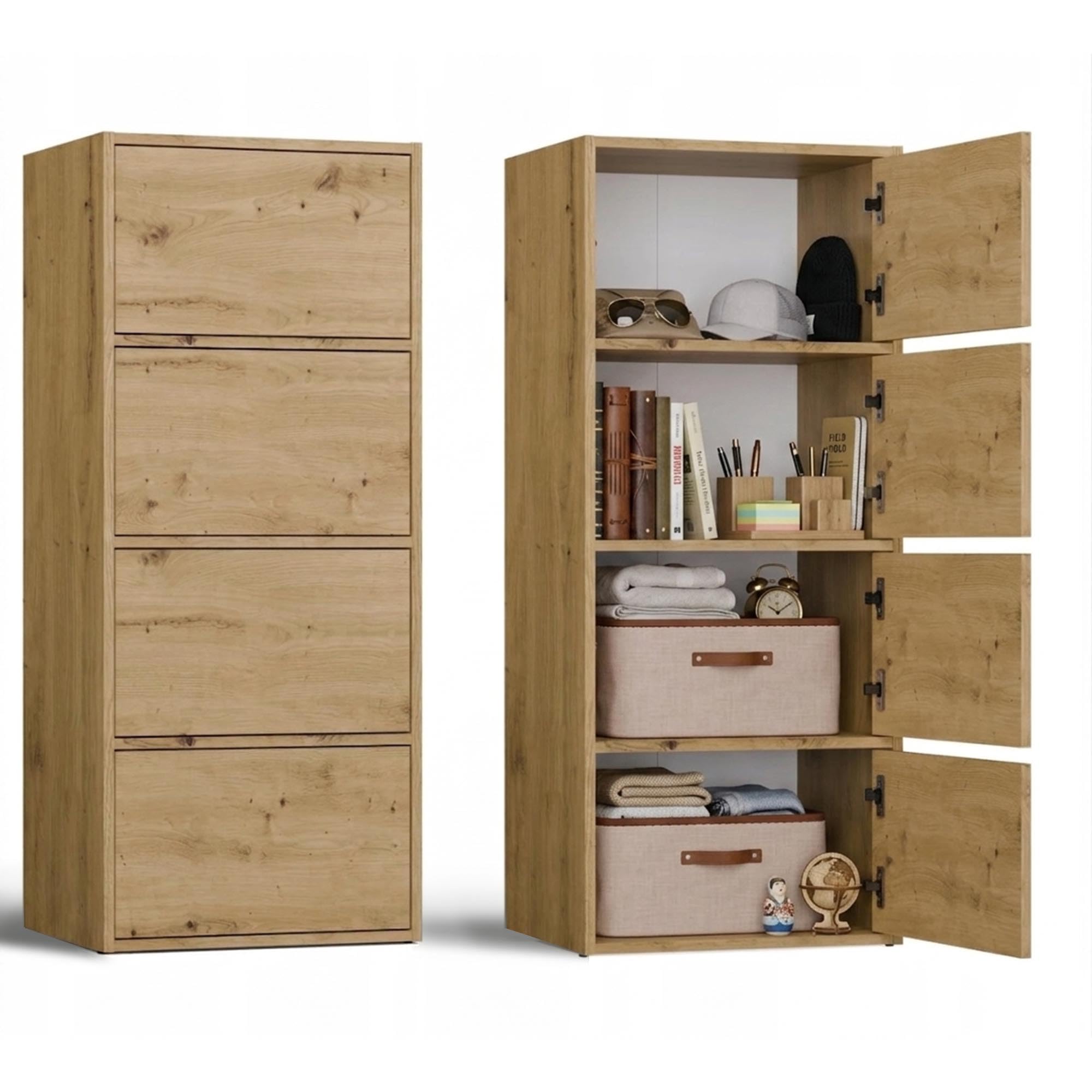 CDF Aparador Alto Armario 4 Puertas 50 cm estantes salón Dormitorio Pasillo Entrada Oficina Columna cajonera estantería Multiusos Ahorra Espacio Mueble cómoda Highboard Entrada sin Tiradores Roble