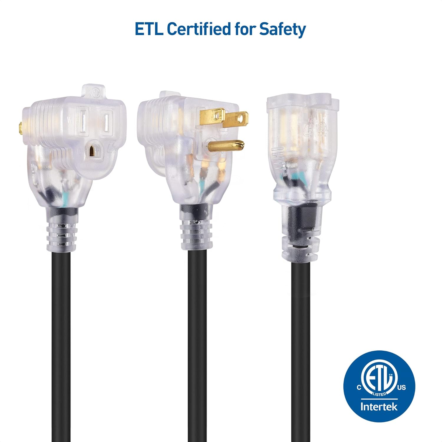 Cable Matters [UL Listed] 3-Pack 3-Outlet Wall Adapter in Black & [ETL Listed] 2-Pack 2-Outlet Short Extension Cord 1 ft, 13A/1625W Pigtail With LED-lit Plug