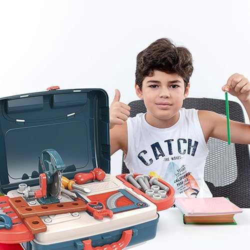 Miniatura 6 de Shape28 Juego de juguetes para niños, caja de herramientas para niños, juego de banco de trabajo de juguete para niños pequeños, 56 piezas, juguete