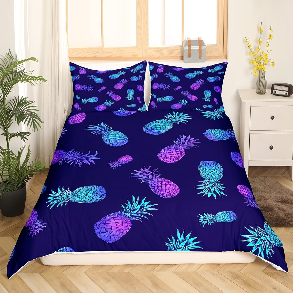 Feelyou Pineapple Comforter Cover Tropical Fruit Print Bedding Set Purple Blue Pineapple Pattern Duvet Cover for Kids Boys Girls Bohemian Exotic Style Room Decor Bedclothes Queen Size (No Comforter)