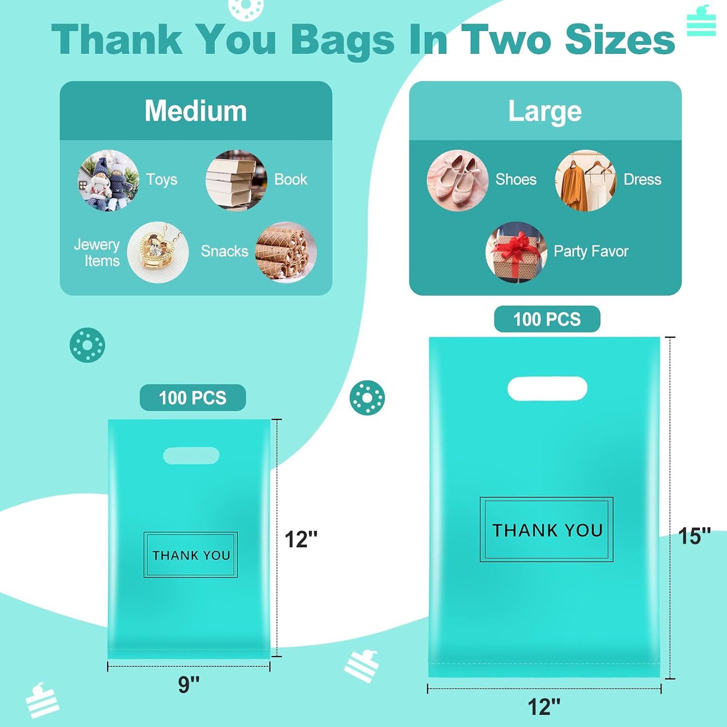 MelonArt Thank You Bags for Small Business, 200pcs Plastic Retail Bags Merchandise Bags with Handles Bulk Large Reusable Shopping Boutique Bags 9x12 and 12x15 for Stores Clothes Supplies(Turquoise) image 3