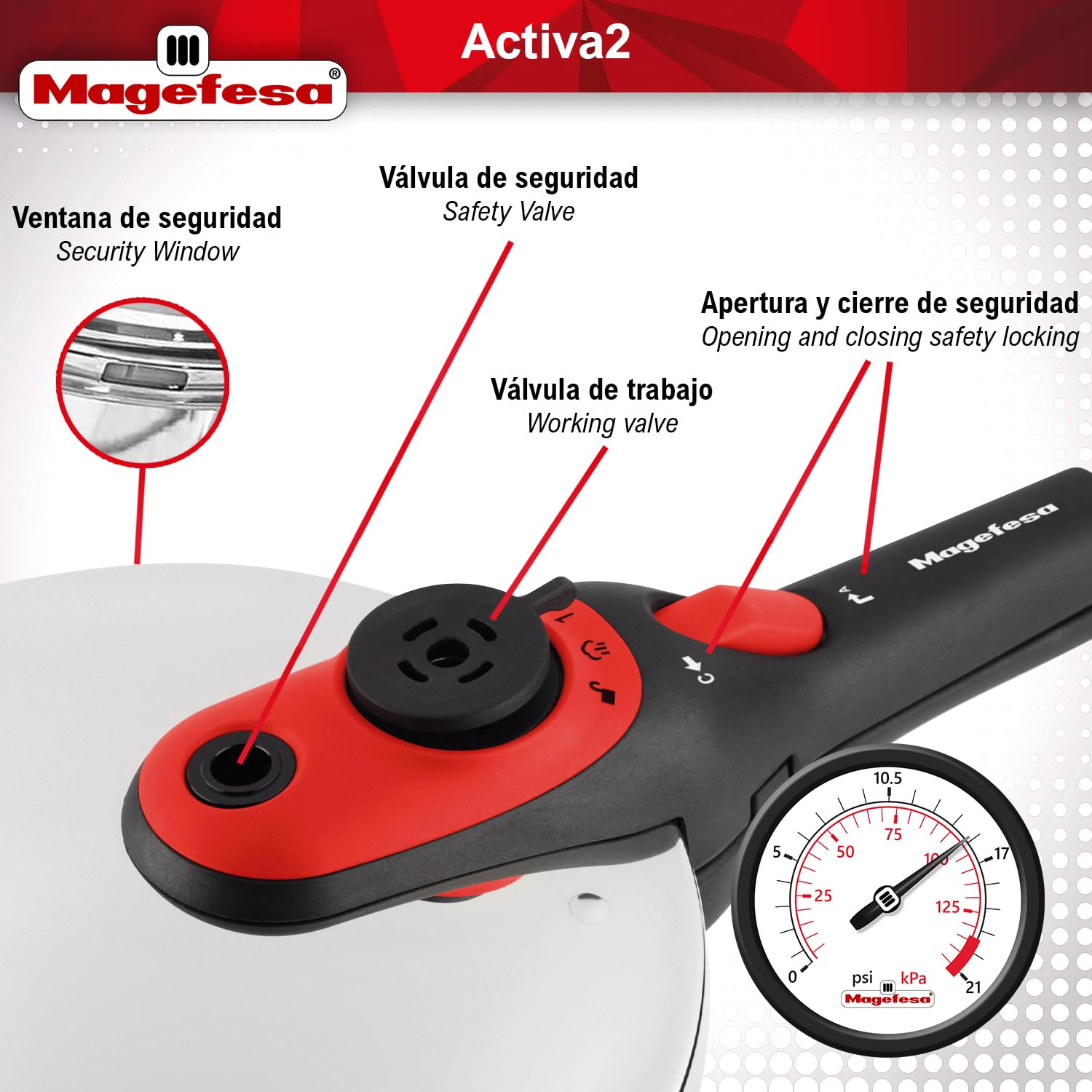 Magefesa Activa2 - Olla Express Rápida de 5 Litros, Acero Inoxidable 18/10, 2 Programas de Cocción, Apta para Todo Tipo de Cocinas, Inducción