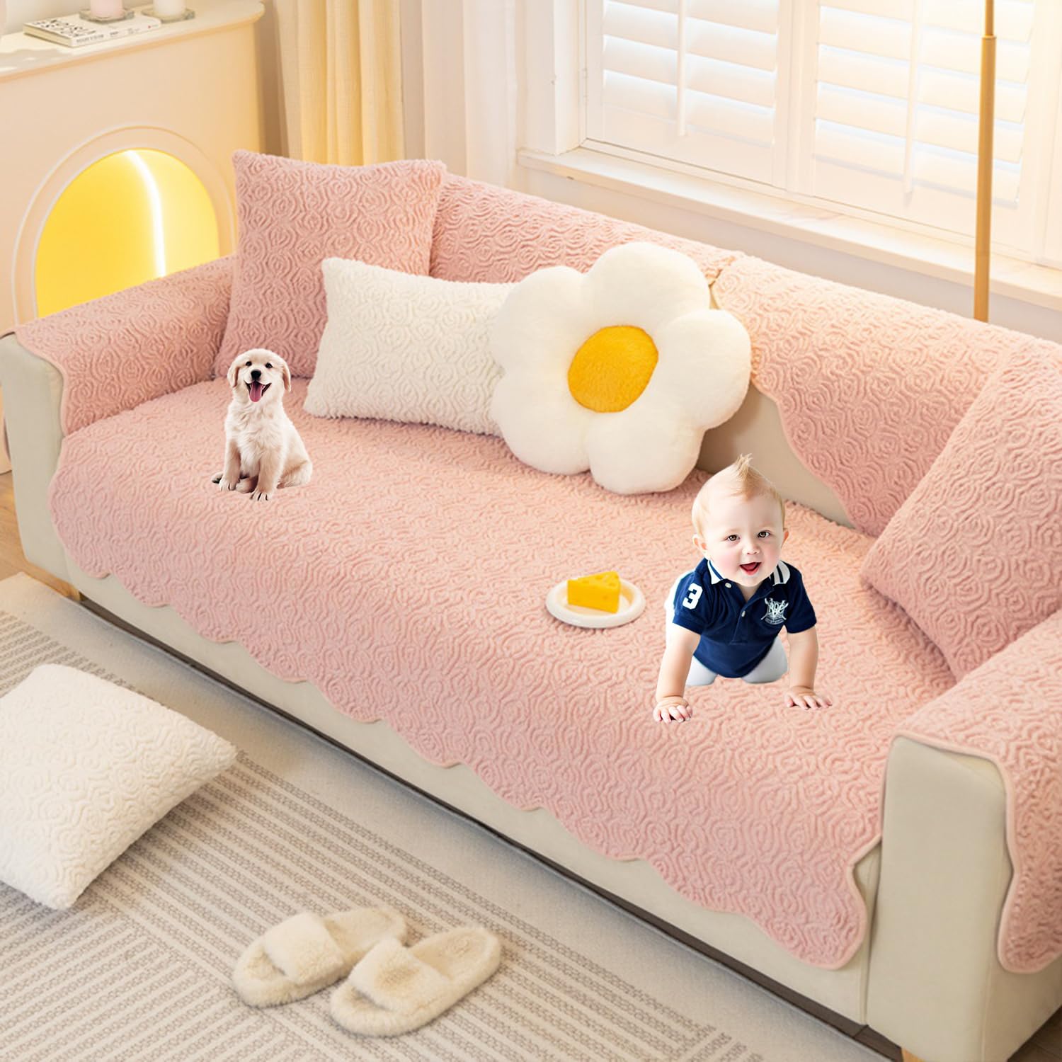 Funda de sofá seccional de felpa con ondas rosa antideslizante lavable para chaiselongue L U