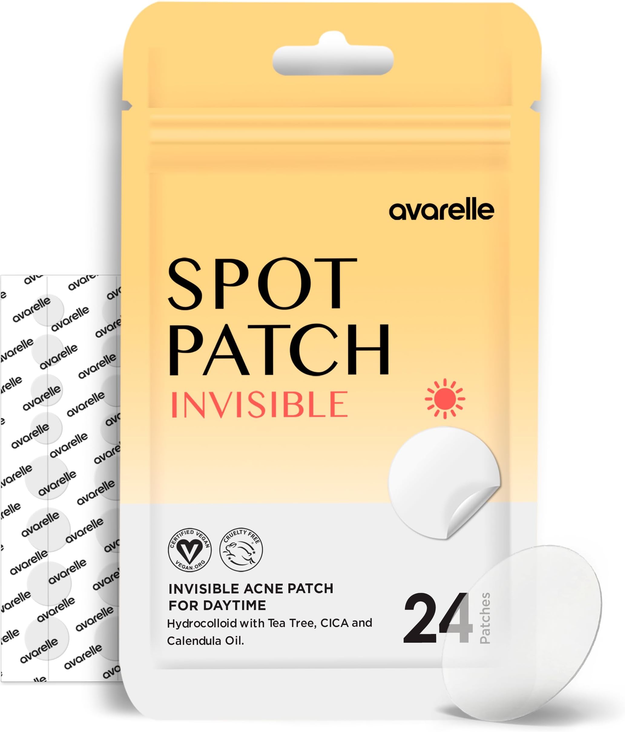 AVARELLE Invisible Acne Spot Patch (24 Count) Ultra Thin Hydrocolloid Spot Sticker for Day Time Acne l For Covering Zits & Blemish with Calendula, Rosehip Seed, Vegan, Cruelty Free