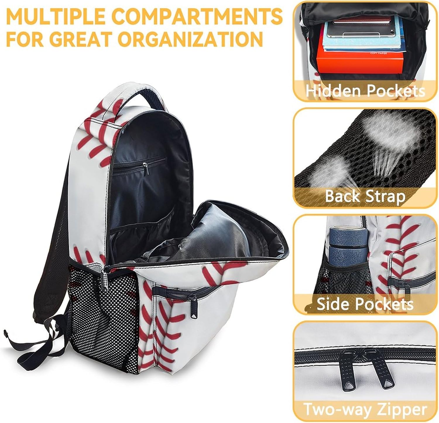 Baseball Backpack with Lunch Box Set for Boys, 3 in 1 School Backpacks Matching Combo, Sports White Bookbag and Pencil Case Bundle - Image 6