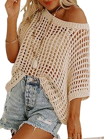 Chvity Womens Summer Crew Neck Short Sleeve Sweater Casual Off Shoulder Tops Hollow Out Crochet Coverups Pullover Knit Tops