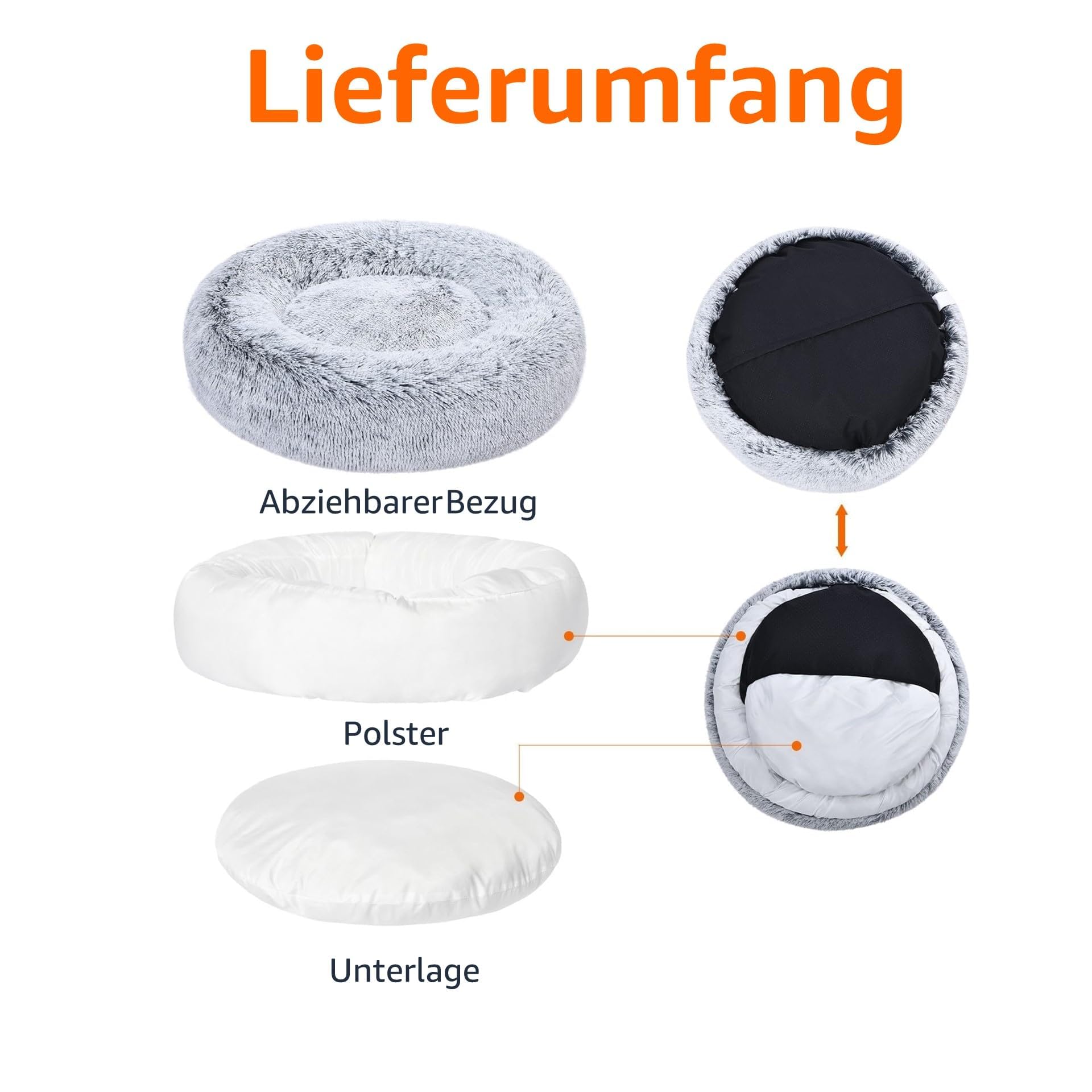 Amazon Basics Weich Haustierbett für Hund, Donut-Kissen, Kunstfell, Maschinenwaschbar, 91 cm, Grau
