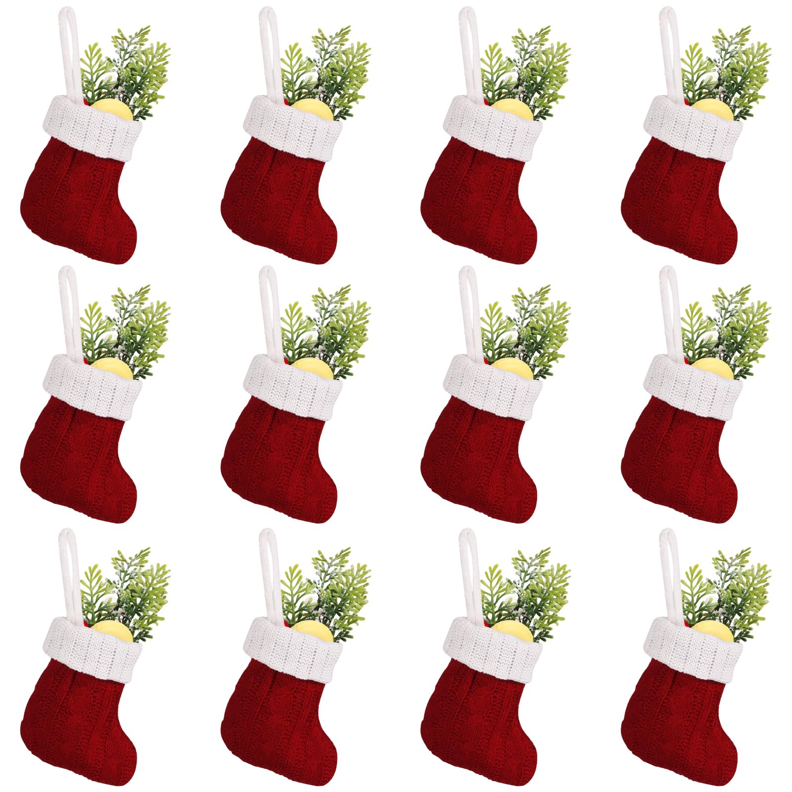 CCINEE Mini-Weihnachtsstrümpfe, rot, gestrickt, Weihnachtsstrümpfe, kleine Strick-Hängestrümpfe, Dekoration für Ferienhaus, Wand, Kamin, Weihnachtsbaumdekoration, 12 Stück