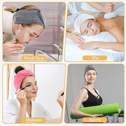 Miniatura 4 de SINLAND Diadema de spa para mujer, 3 unidades, ajustable, con cinta mágica, envoltura para la cabeza para el cuidado de la cara, maquillaje y