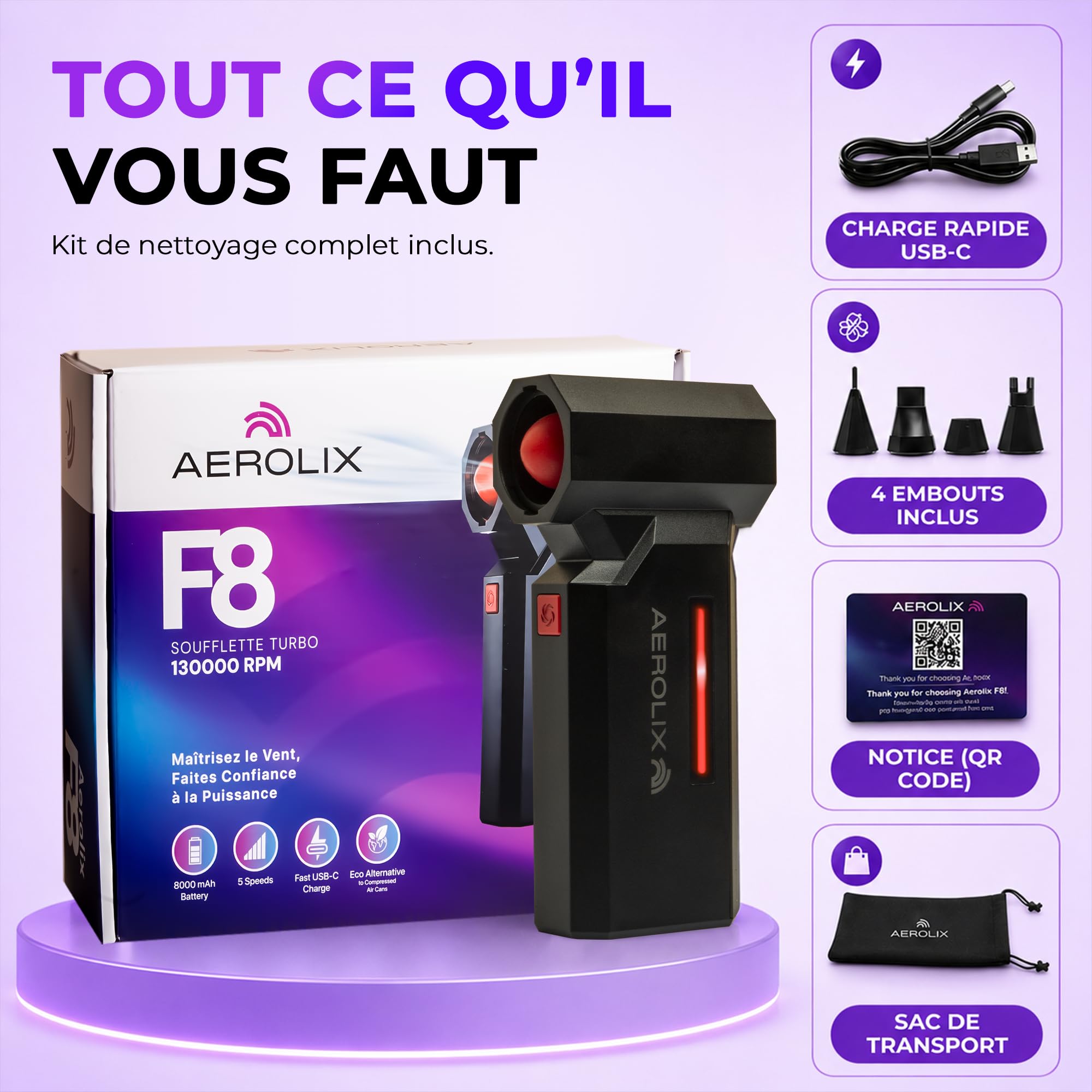 Souffleur Air Comprimé Électrique Sans Fil Puissant 130000 RPM – Soufflette 8000 mAh, 5 Vitesses, Nettoyage PC Clavier Maison