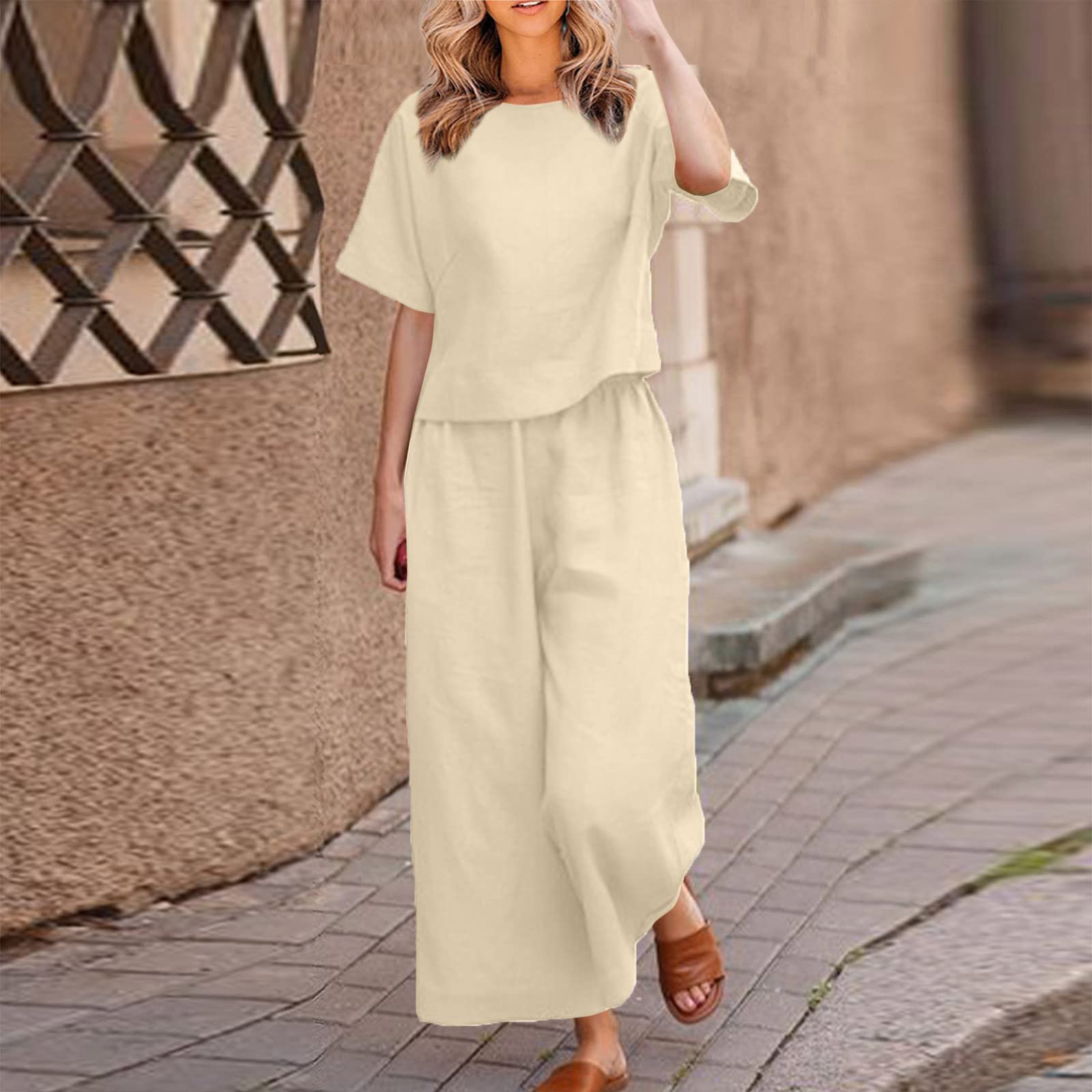 Womens 2 Piece Outfits Summer Linen Sets Short Sleeve V Neck Cropped Top Wide Leg Capris Pants Beach Lounge Sets - 3