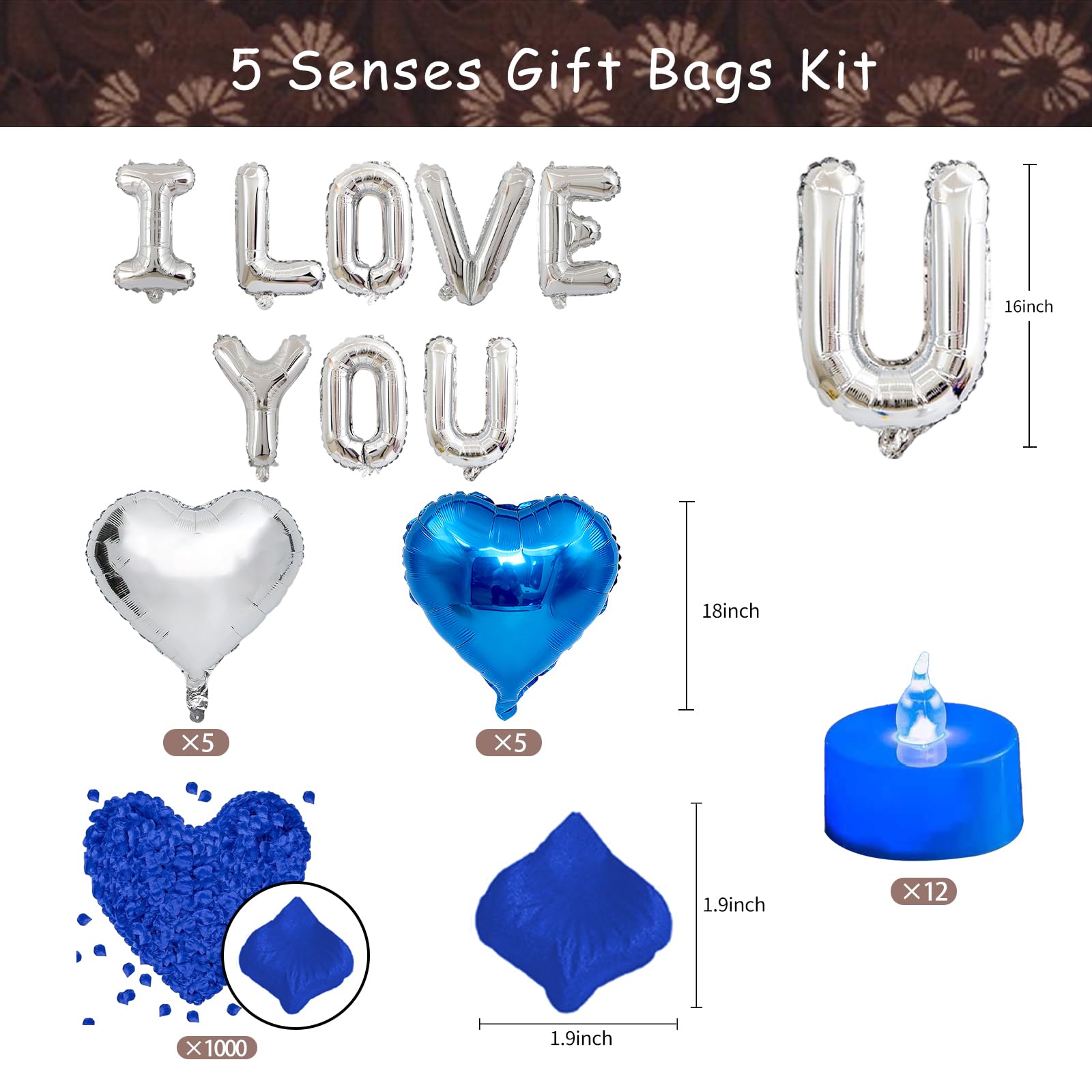 5 Senses Gift Bags Five Senses Gift Bags with Tissue Paper, Rose Petals, Balloons LED Tea Lights Party Decorations for Him Husband Boyfriend (Blue silver)