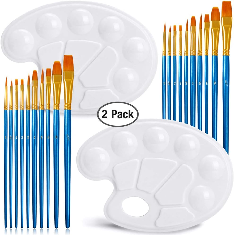 20 Pcs Paint Brush Set with 2 Pcs Paint Tray Palette, FineGood Round Pointed Tip Nylon Hair Paintbrush for Kids Students Beginners - Brown