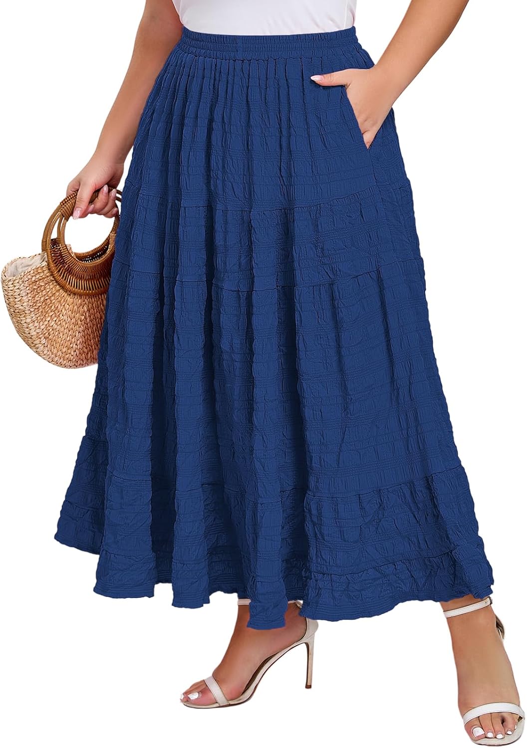 Moon Wood Women's Plus Size Tiered Maxi Skirt Elastic High Waist A-Line Flowy Long Skirts with Pockets