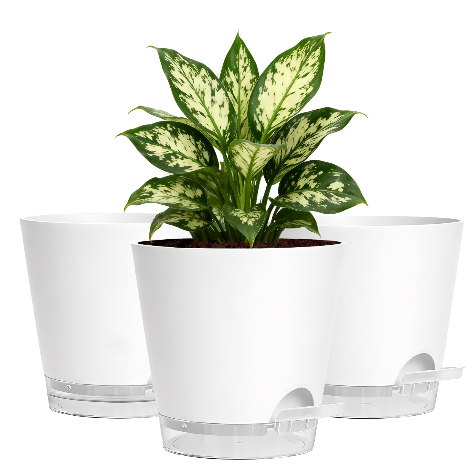 15cm Self Watering Plant Pots Indoor, 3 Pack - Side Refill Planters with Clear Water Level Reservoir & Wick System, Modern White Plastic Flower Pots with Drainage Holes & Saucer for House Plants