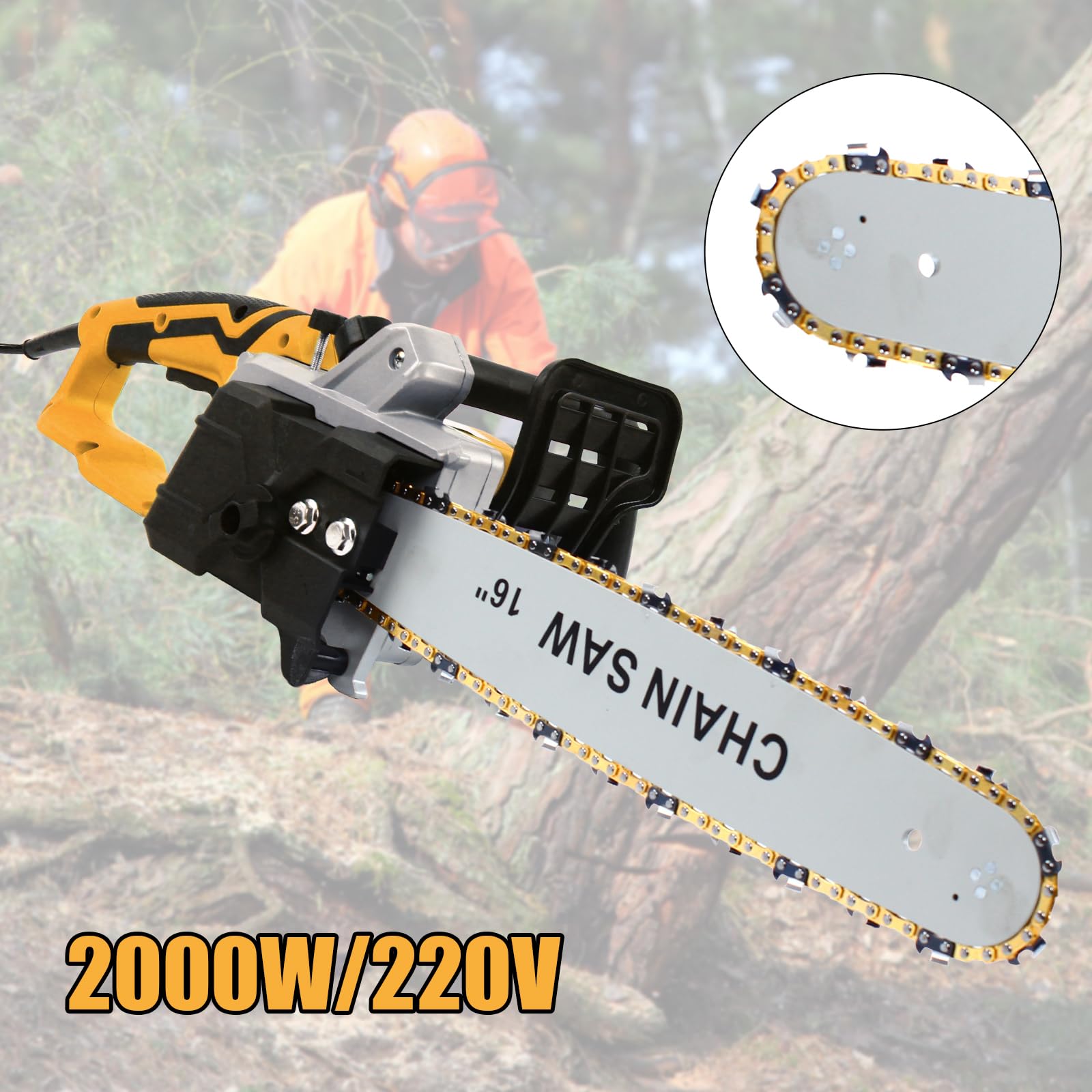 Elektryczna piła łańcuchowa, 16 cali 2000 W, piła łańcuchowa 35 cm, do cięcia drewna, gałęzi drzew, przycinania, podwórka, ogrodu (żółty)