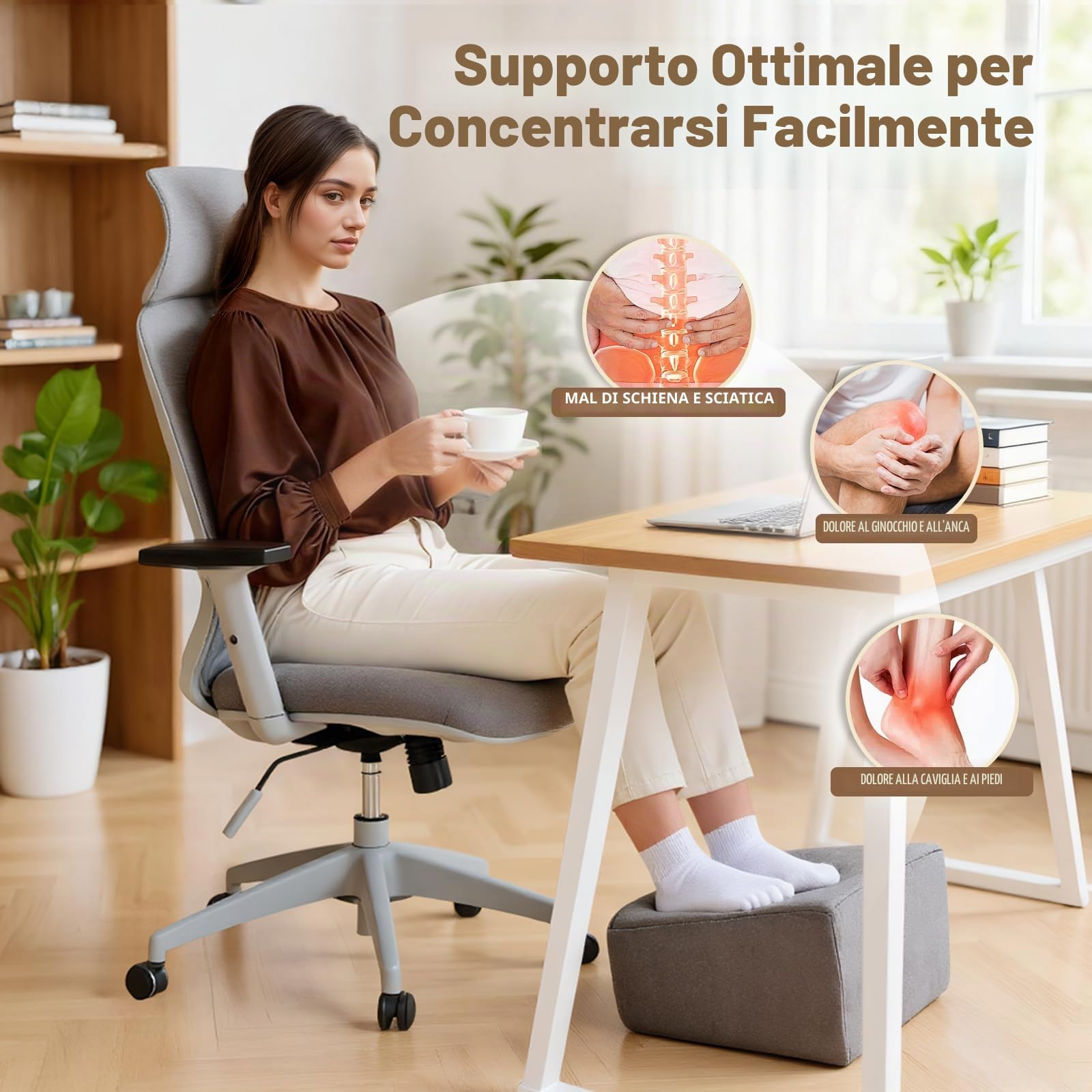 Poggiapiedi per sotto la scrivania in ufficio, poggiapiedi regolabile in 3 altezze, 15/27/45 cm, poggiapiedi ergonomico con rivestimento lavabile, per sedia da ufficio e da gioco, grigio