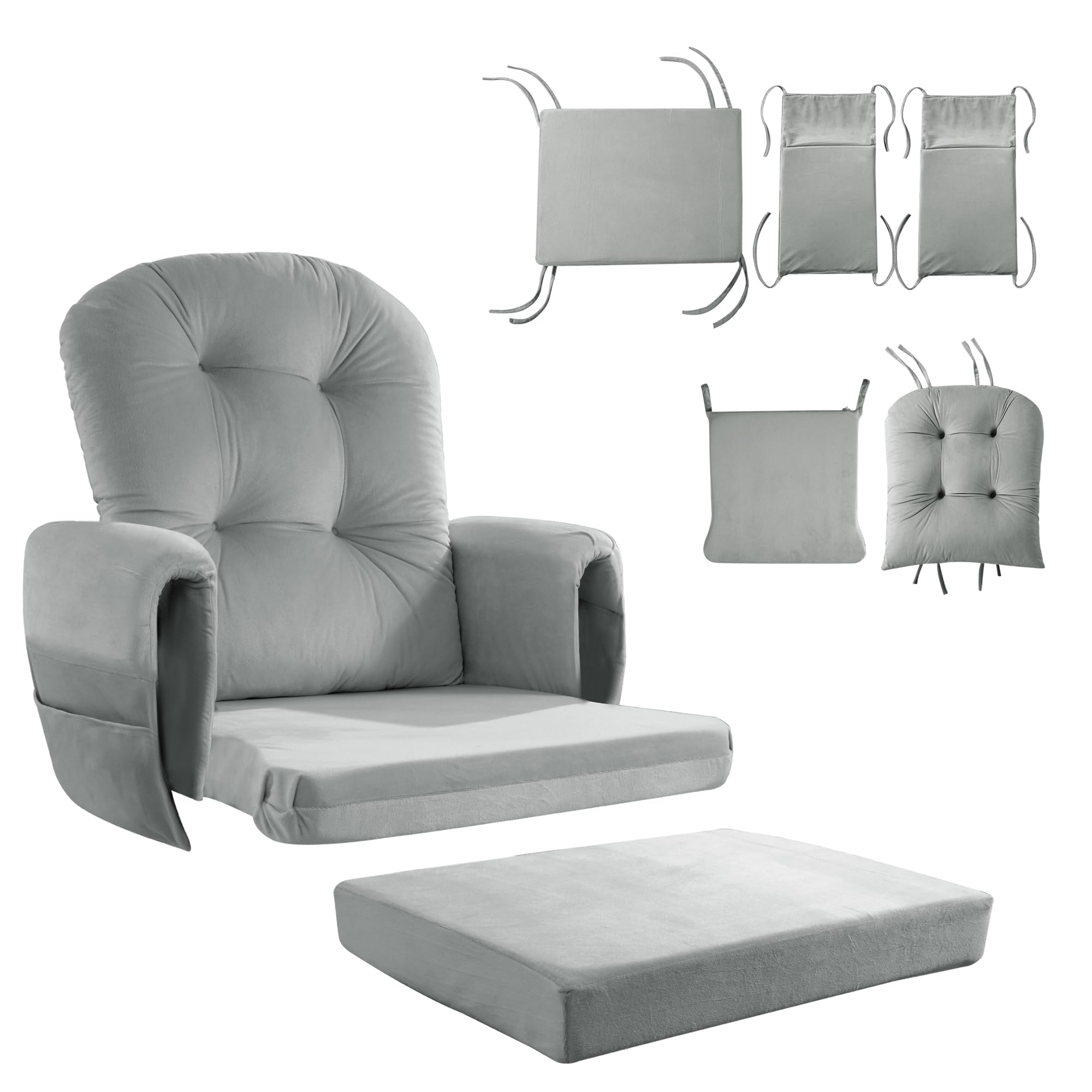 HOMBYS Glider Rocker Replacement Cushions 6 PCS with Storage Side Pocket, Velvet Fabric, Foam & Microfiber Filling, Non-Slip & Washable,Thickened & Supportive for Glider Rocking Chair-Light Grey