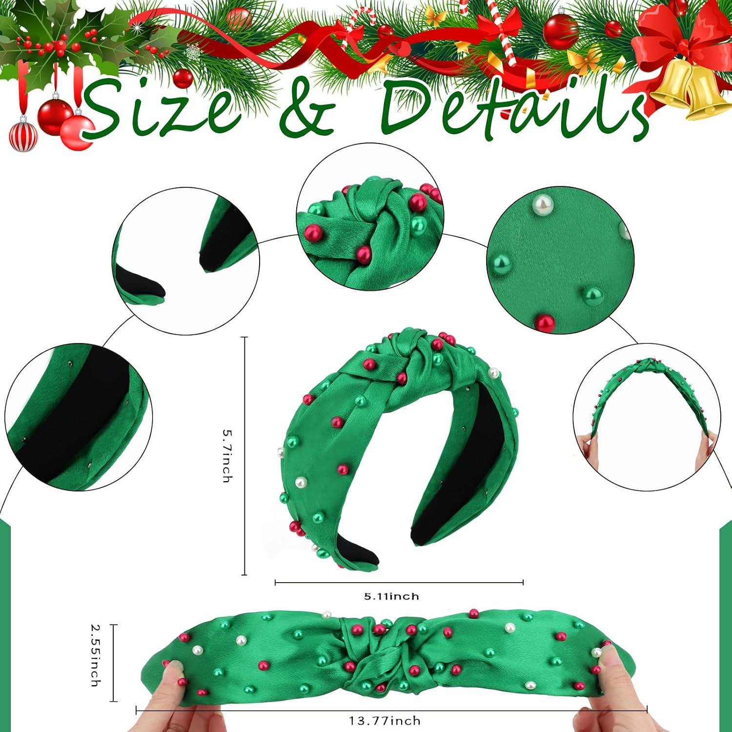 Semato 2 Pcs Christmas Headbands for Women Red and Green Knotted Headband With Pearl for Women Non Slip Headband Wide Christmas Accessories